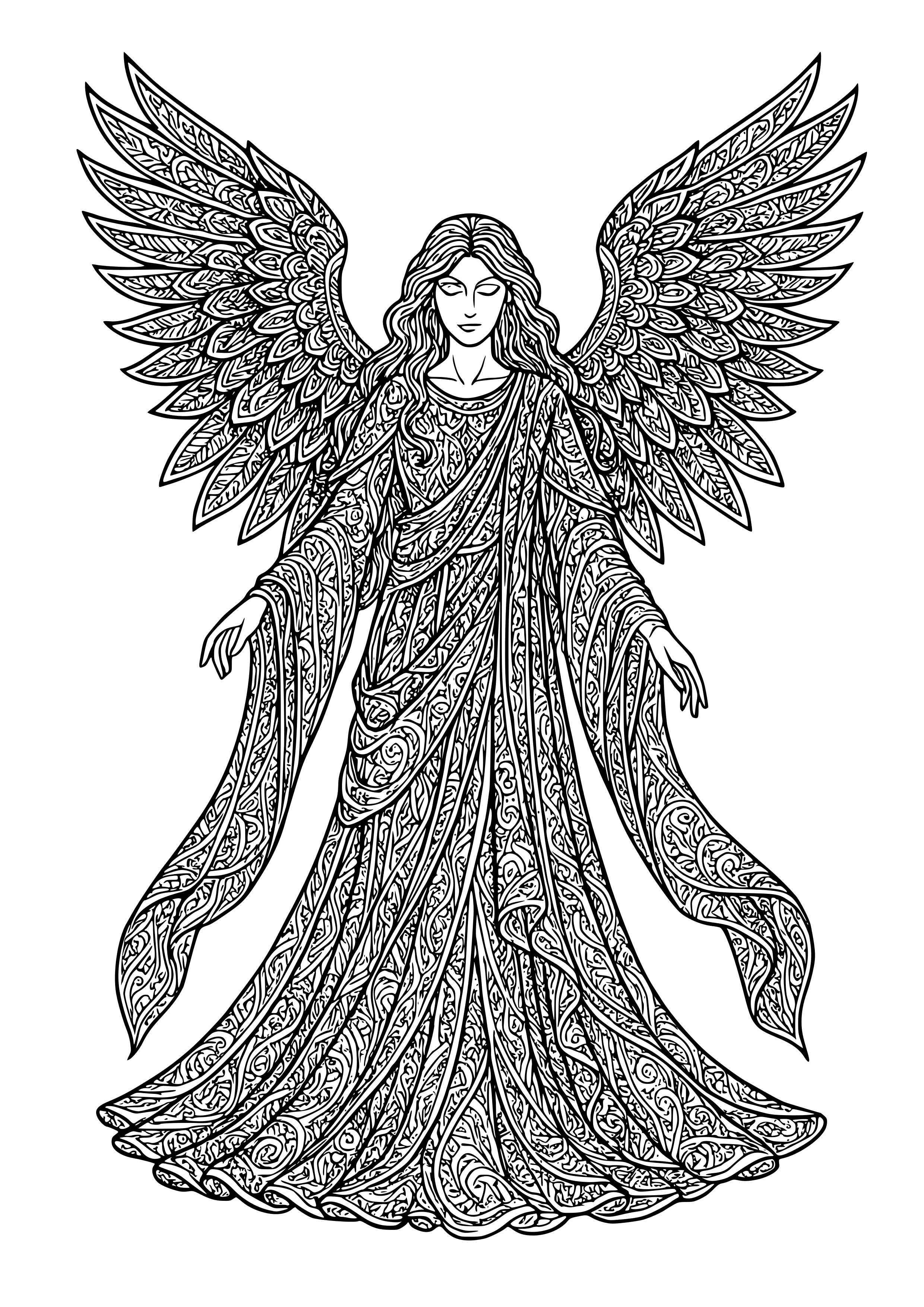 Dark Angel with Flowing Robes and Intricate Wings Coloring Page