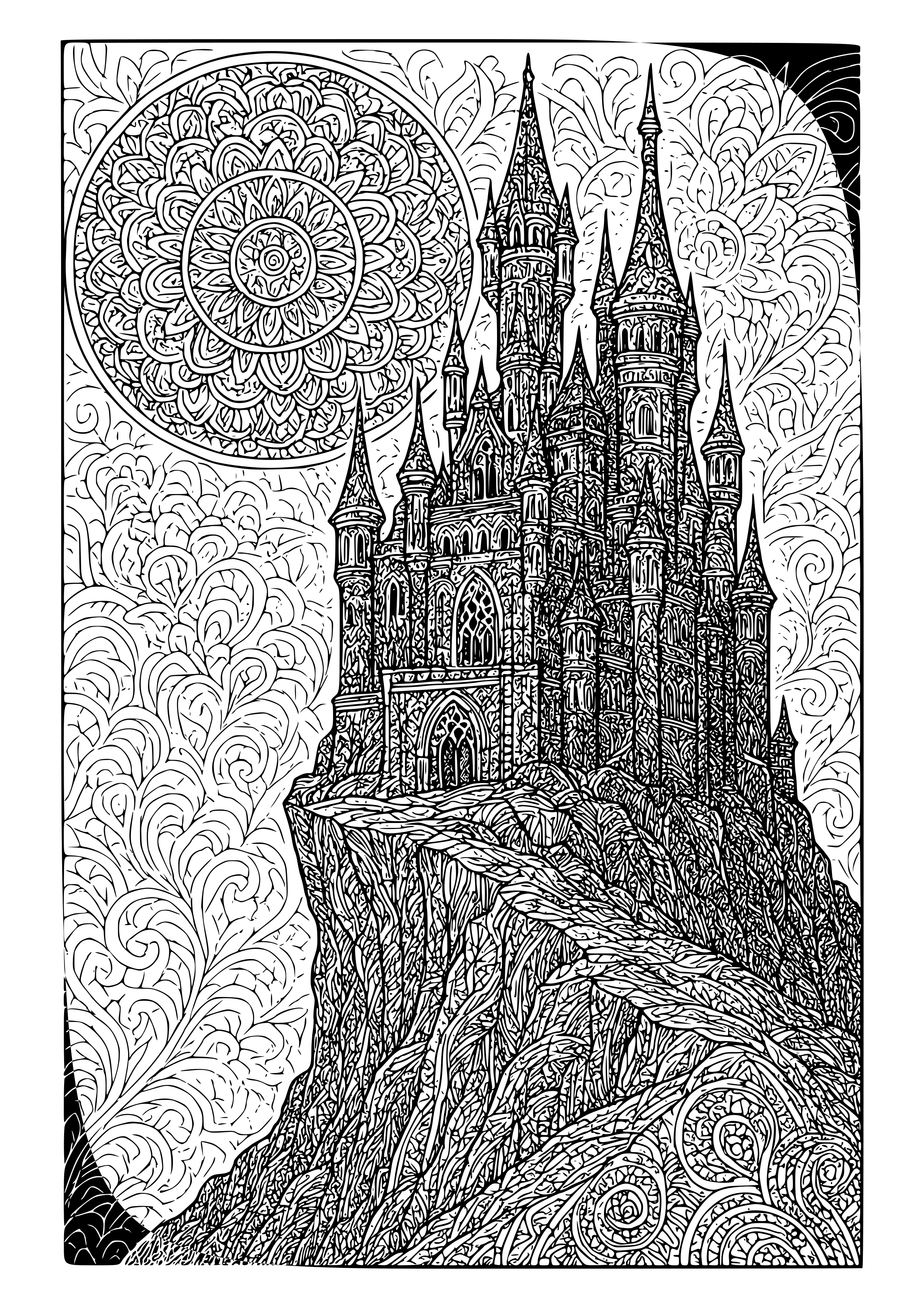 Dark Castle Perched on a Cliff Under a Full Moon Coloring Page