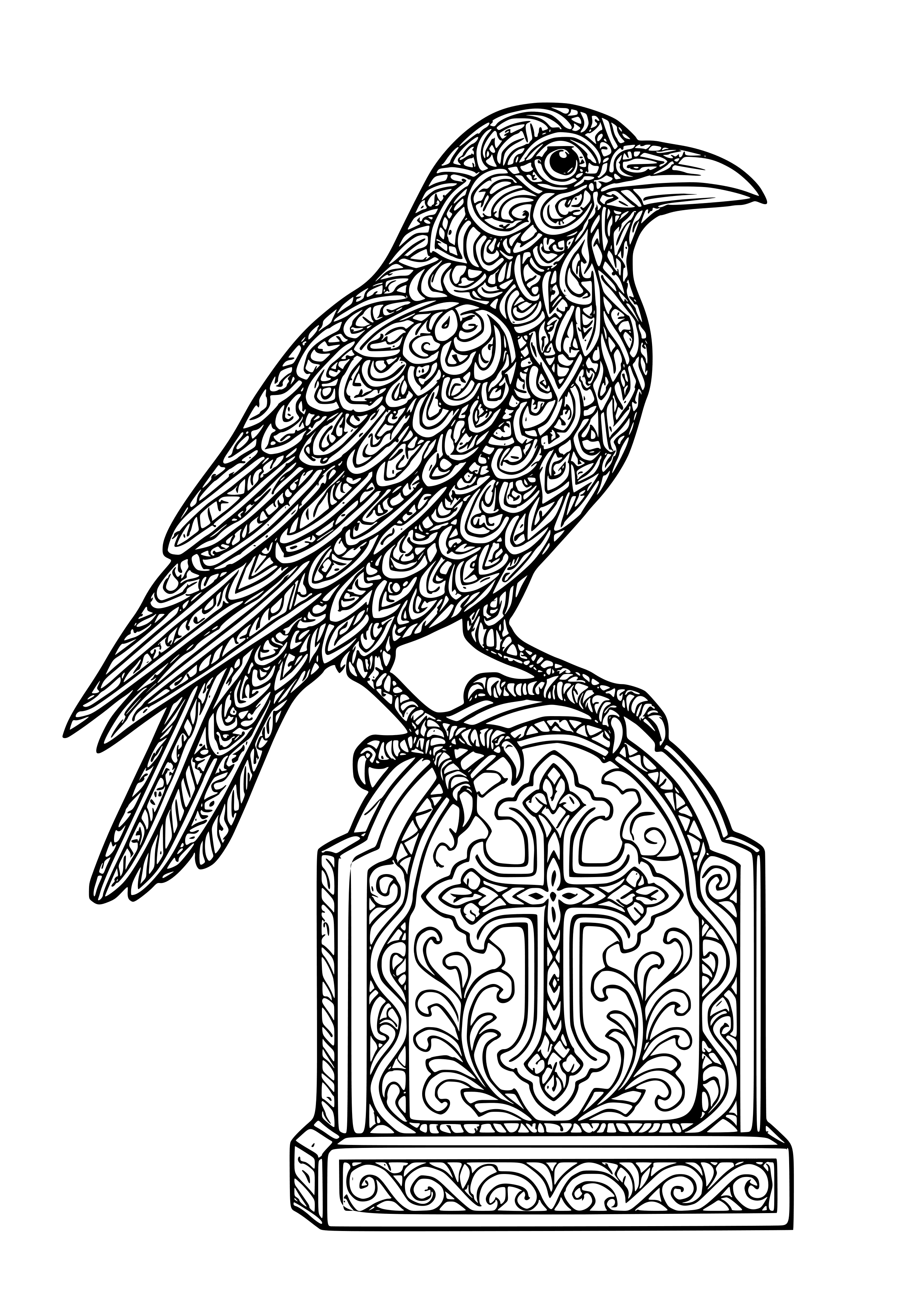 Dark Crow with Intricate Talons Perched on a Tombstone Coloring Page