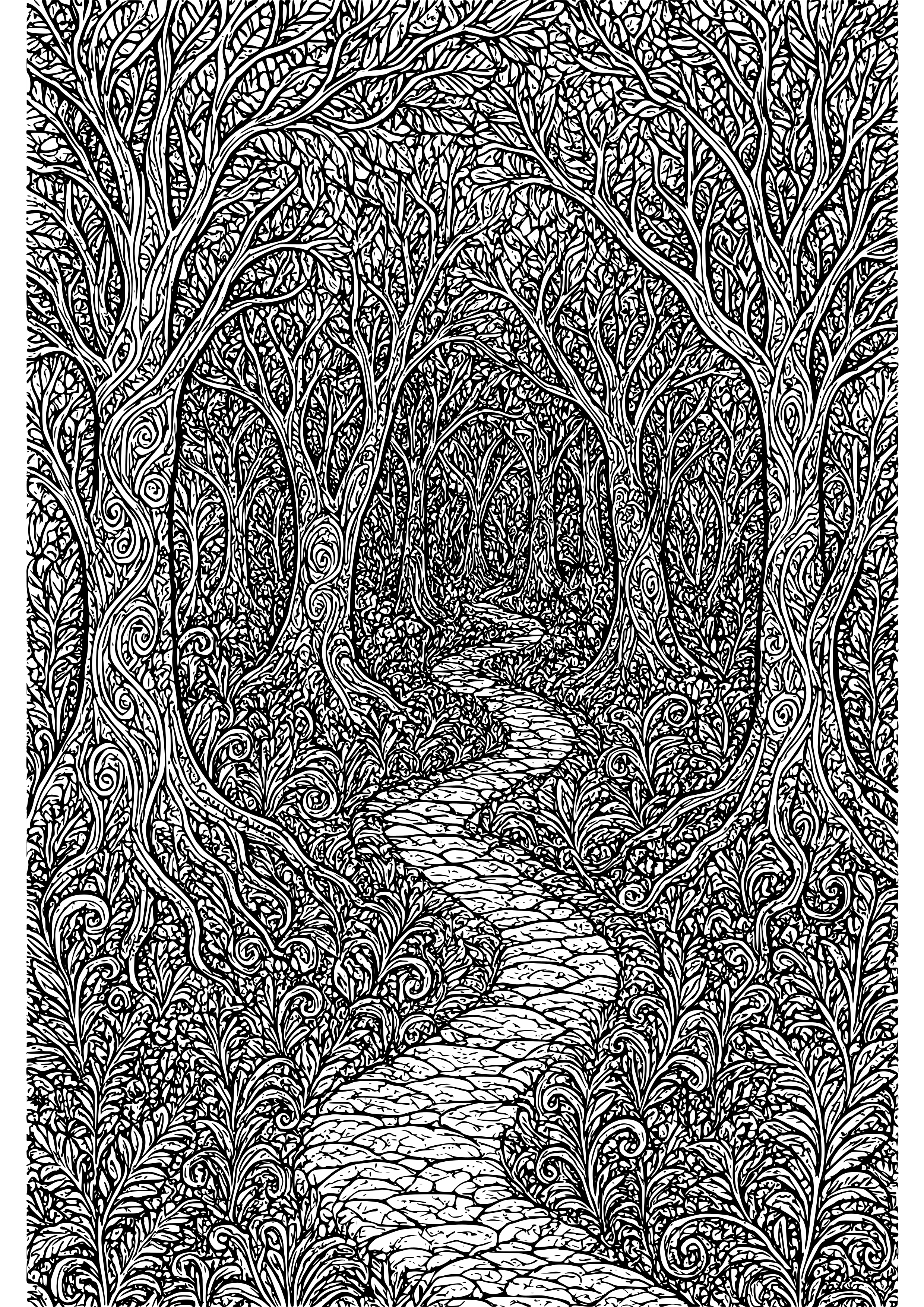 Dark Fairy Tale Forest with Hidden Paths Coloring Page