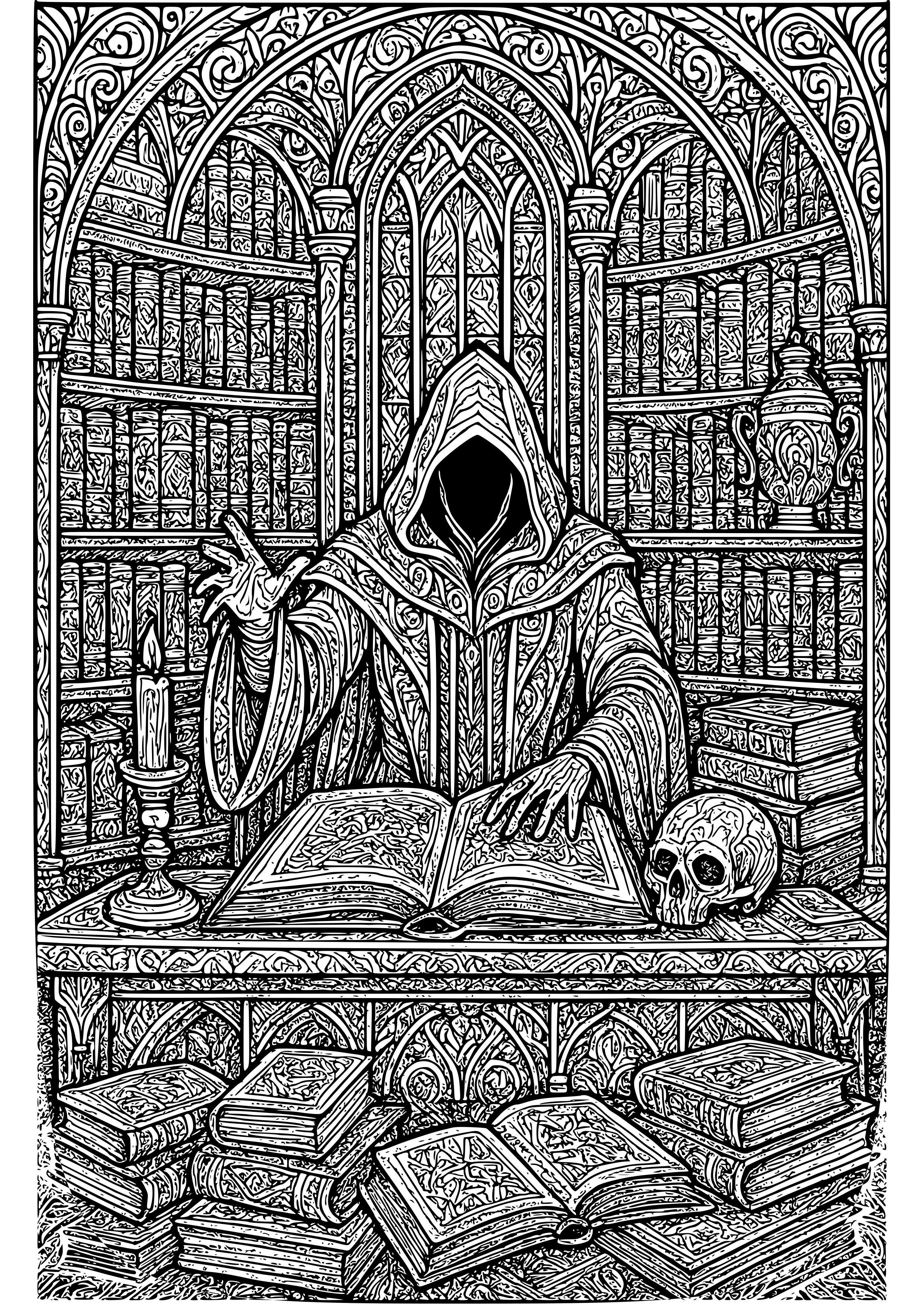 Dark Sorcerer's Library Filled with Ancient Texts Coloring Page