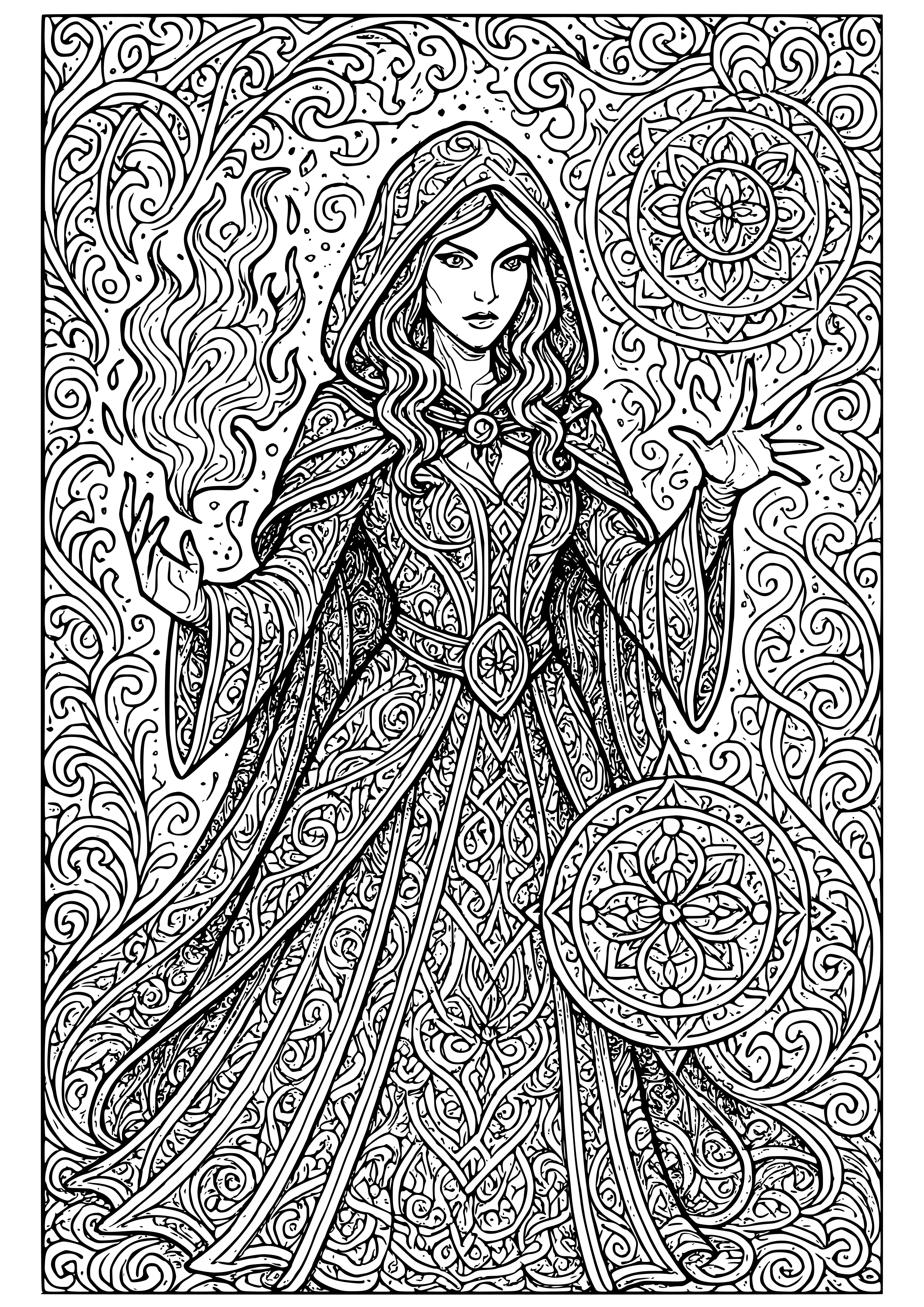 Dark Sorceress Conjuring Spells in a Mystical Realm Coloring Page