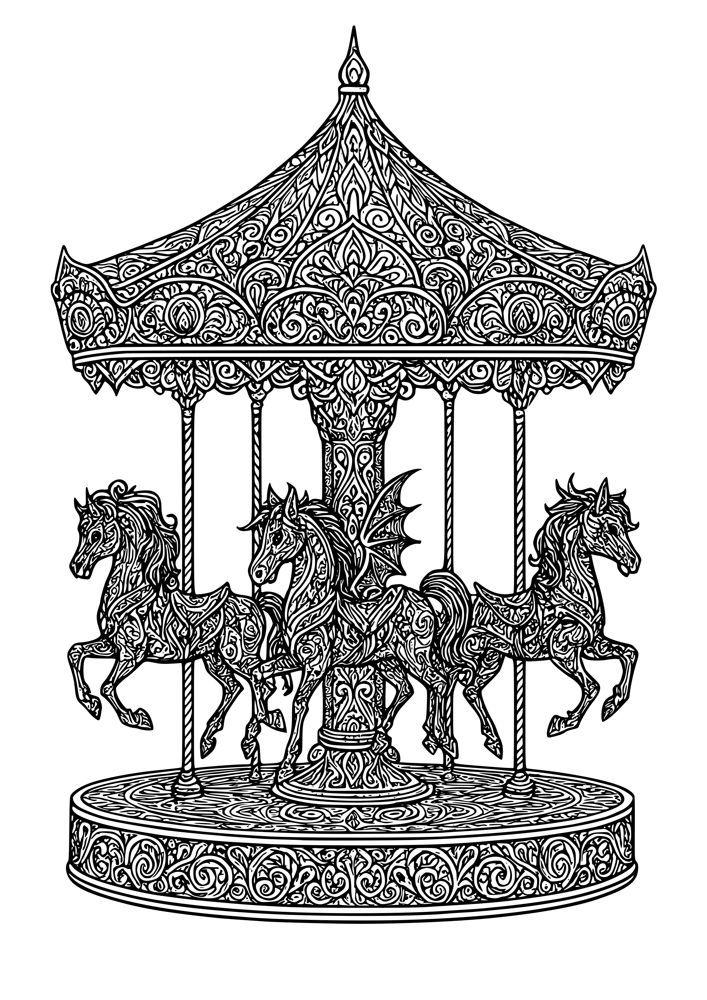 Dark Whimsical Carousel with Gothic Horses Coloring Page