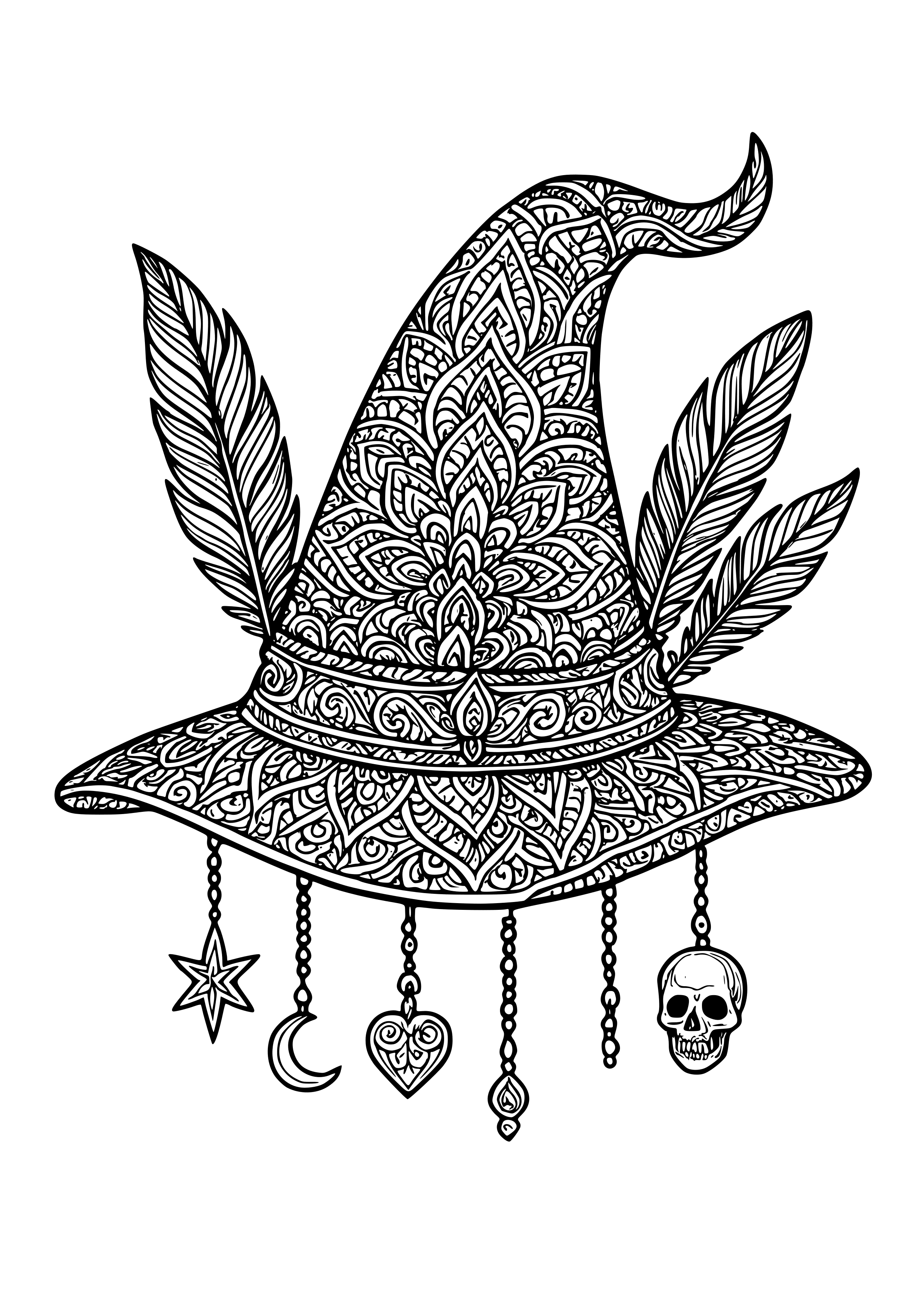 Dark Witch's Hat Adorned with Feathers and Charms Coloring Page