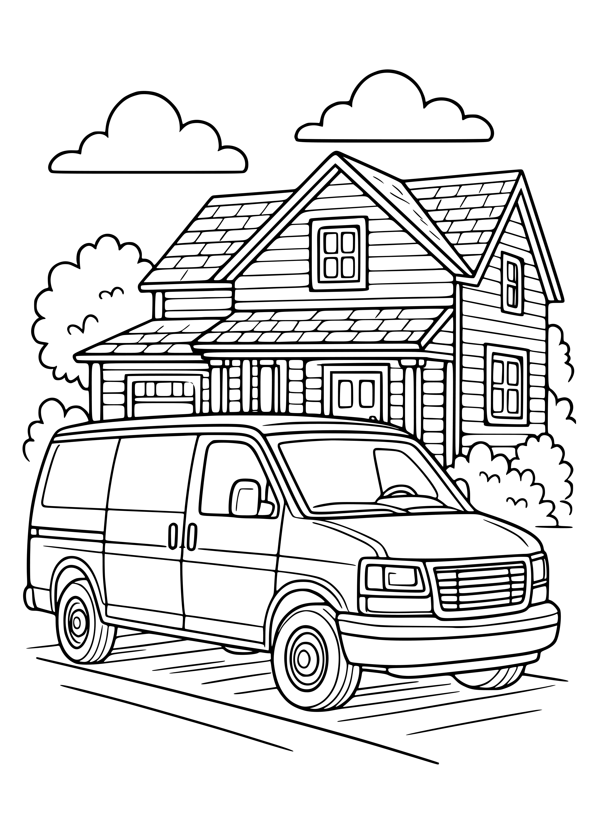 Delivery Van Parked in Front of a House Coloring Page
