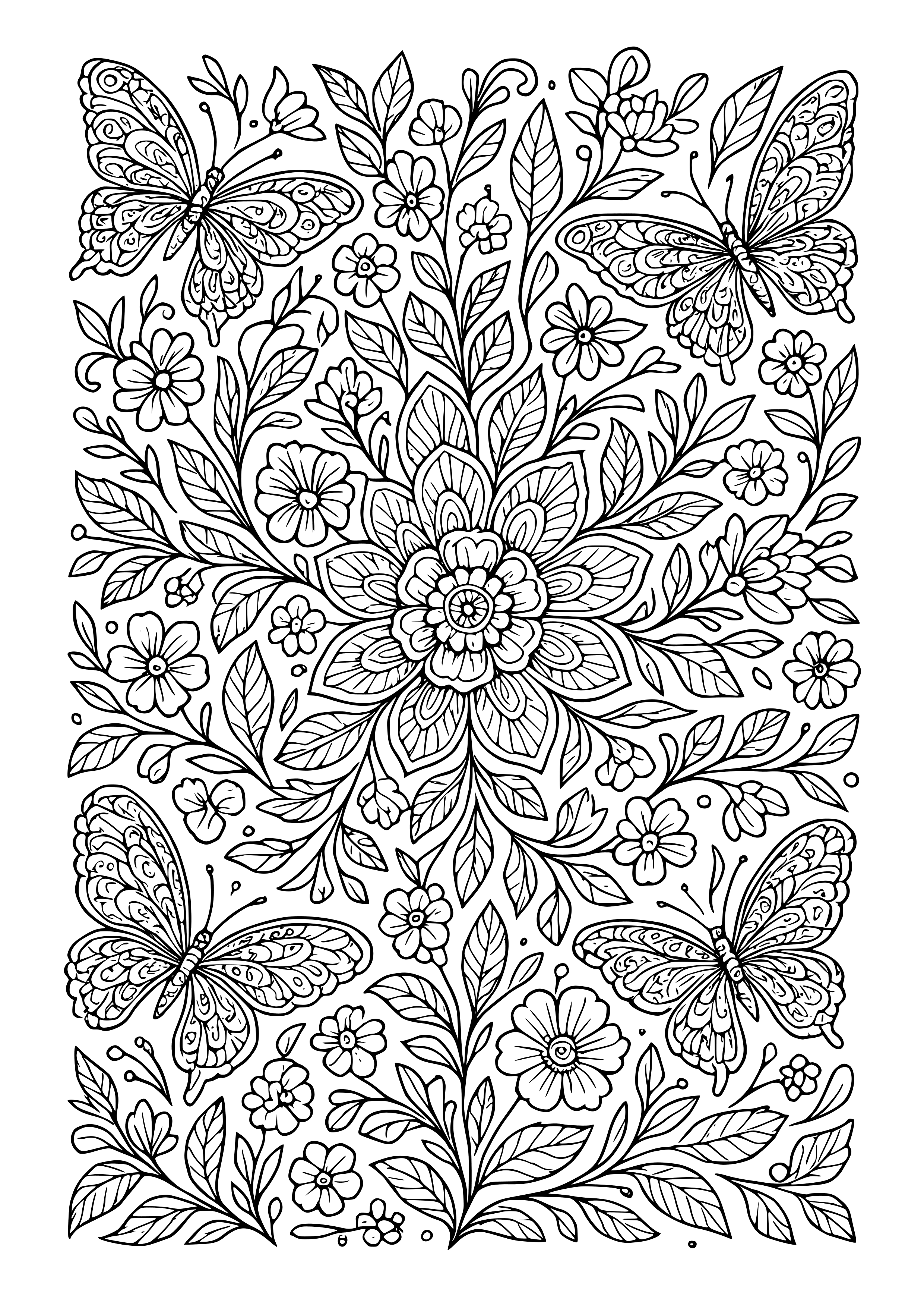 Detailed Floral Arrangement with Butterflies Coloring Page