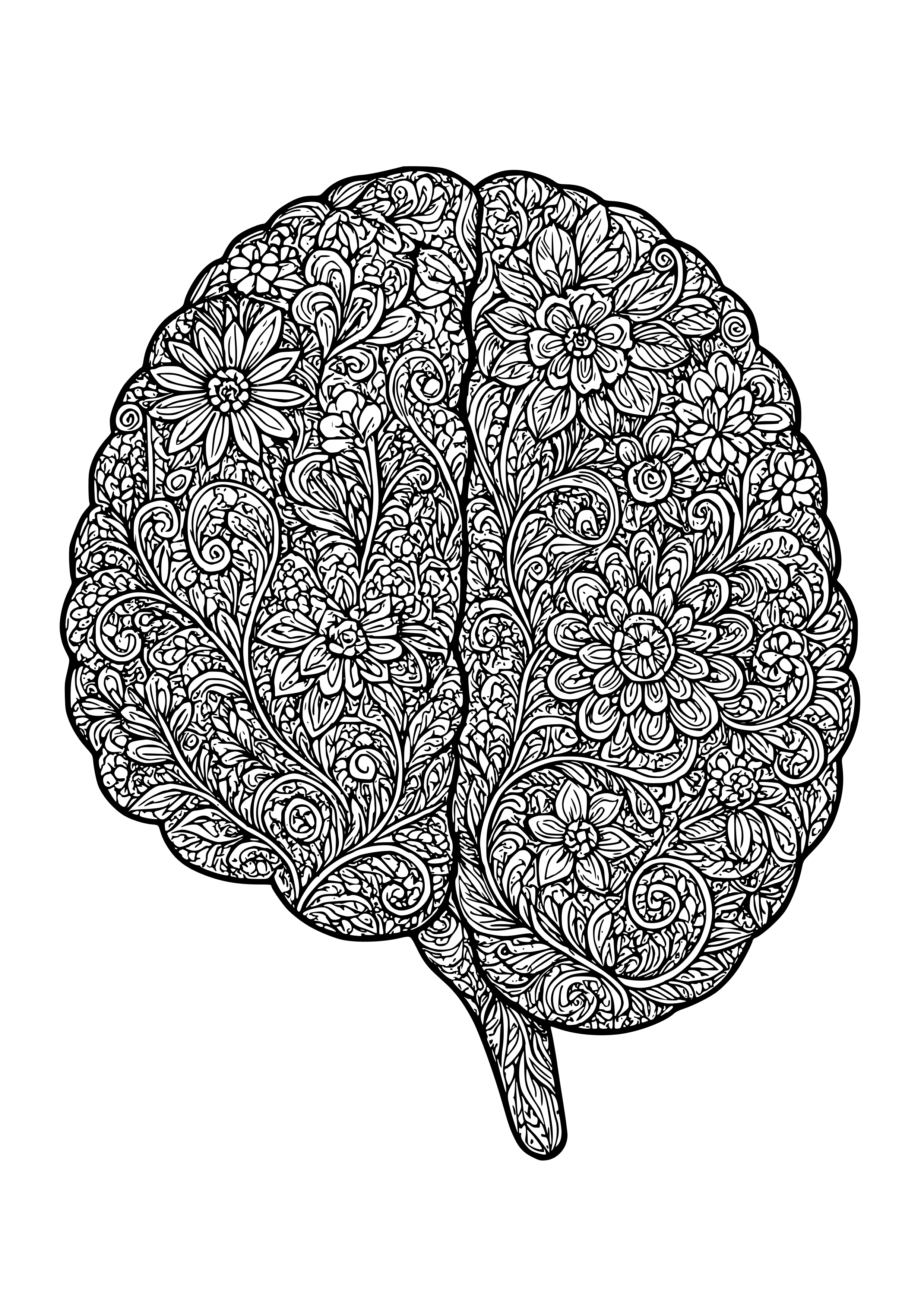 Detailed Floral Patterns Merging Into a Brain Coloring Page