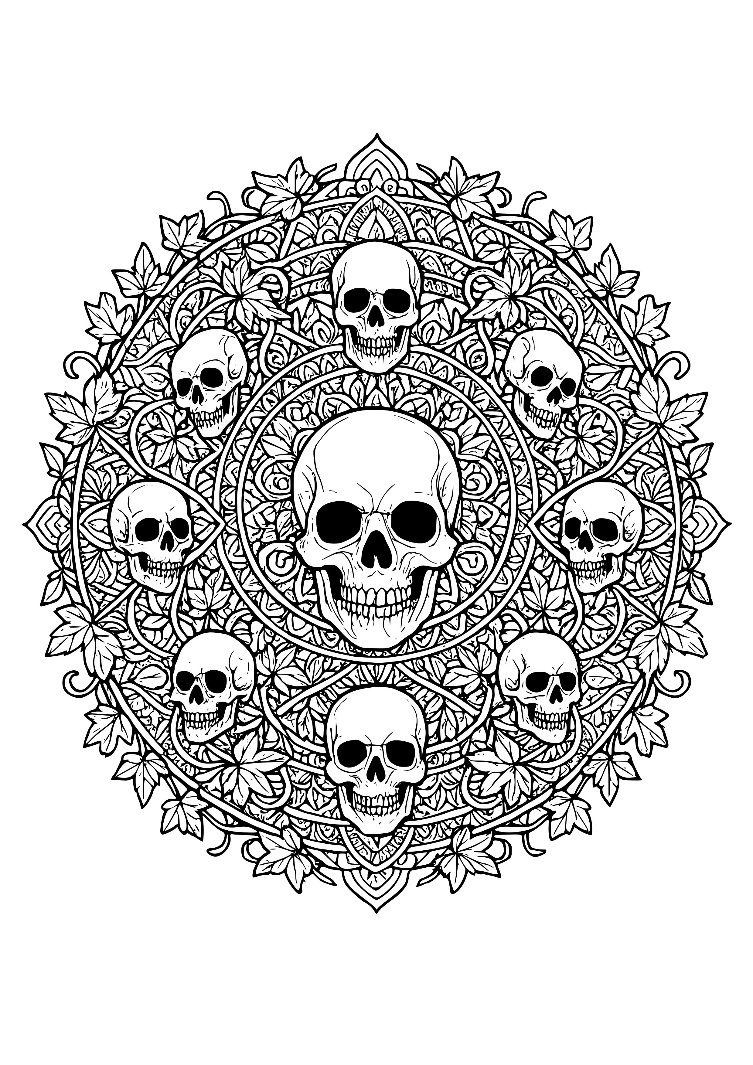 Detailed Mandala with Skulls and Ivy Coloring Page