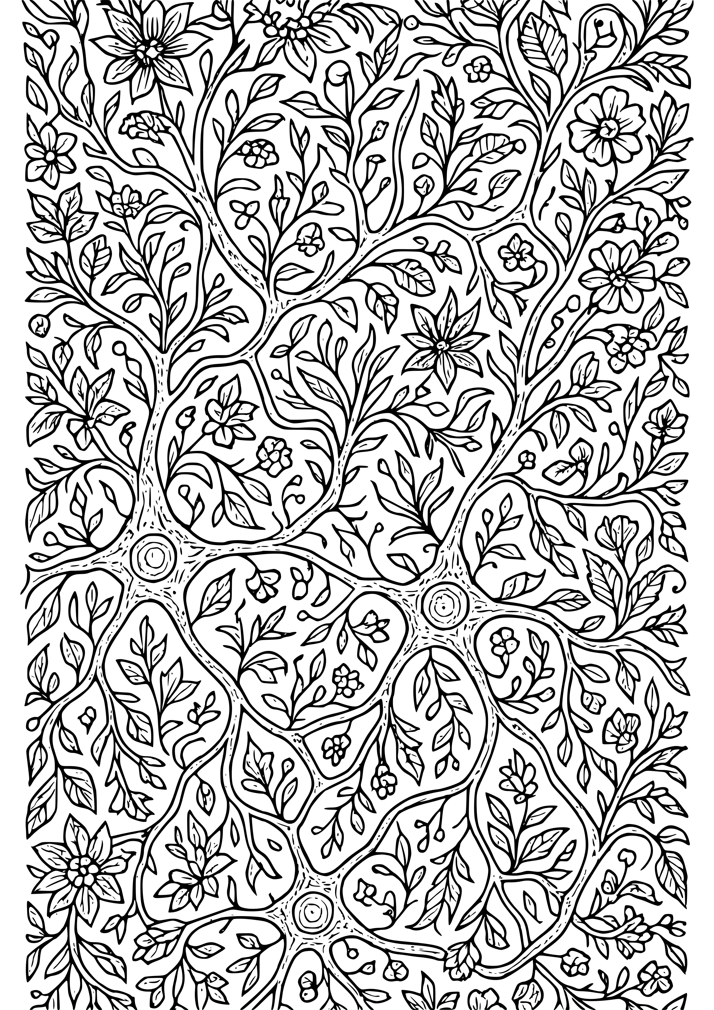 Detailed Pattern of Interconnected Neurons and Flora Coloring Page