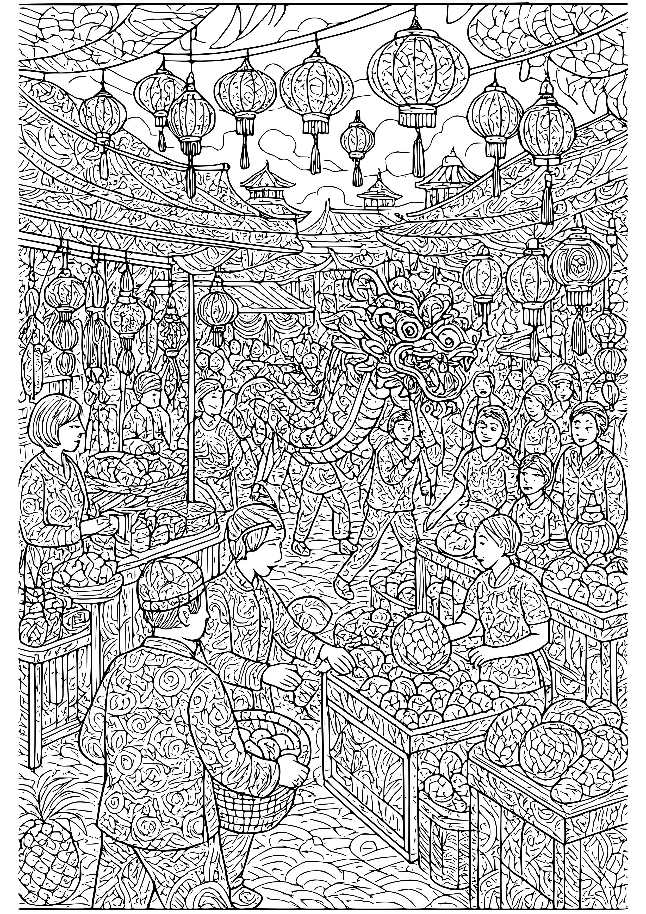 Detailed Scene of a Bustling Market Coloring Page