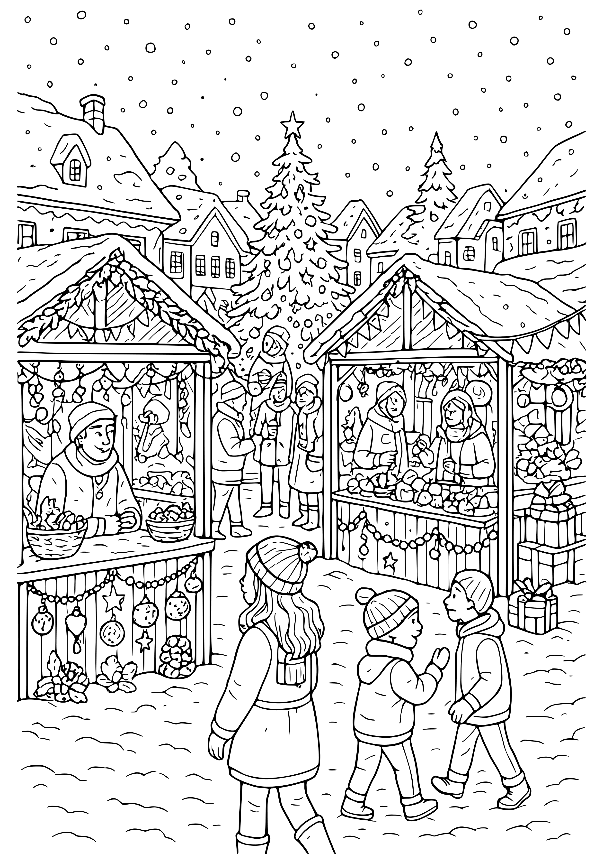 Detailed Scene of a Snowy Market Coloring Page