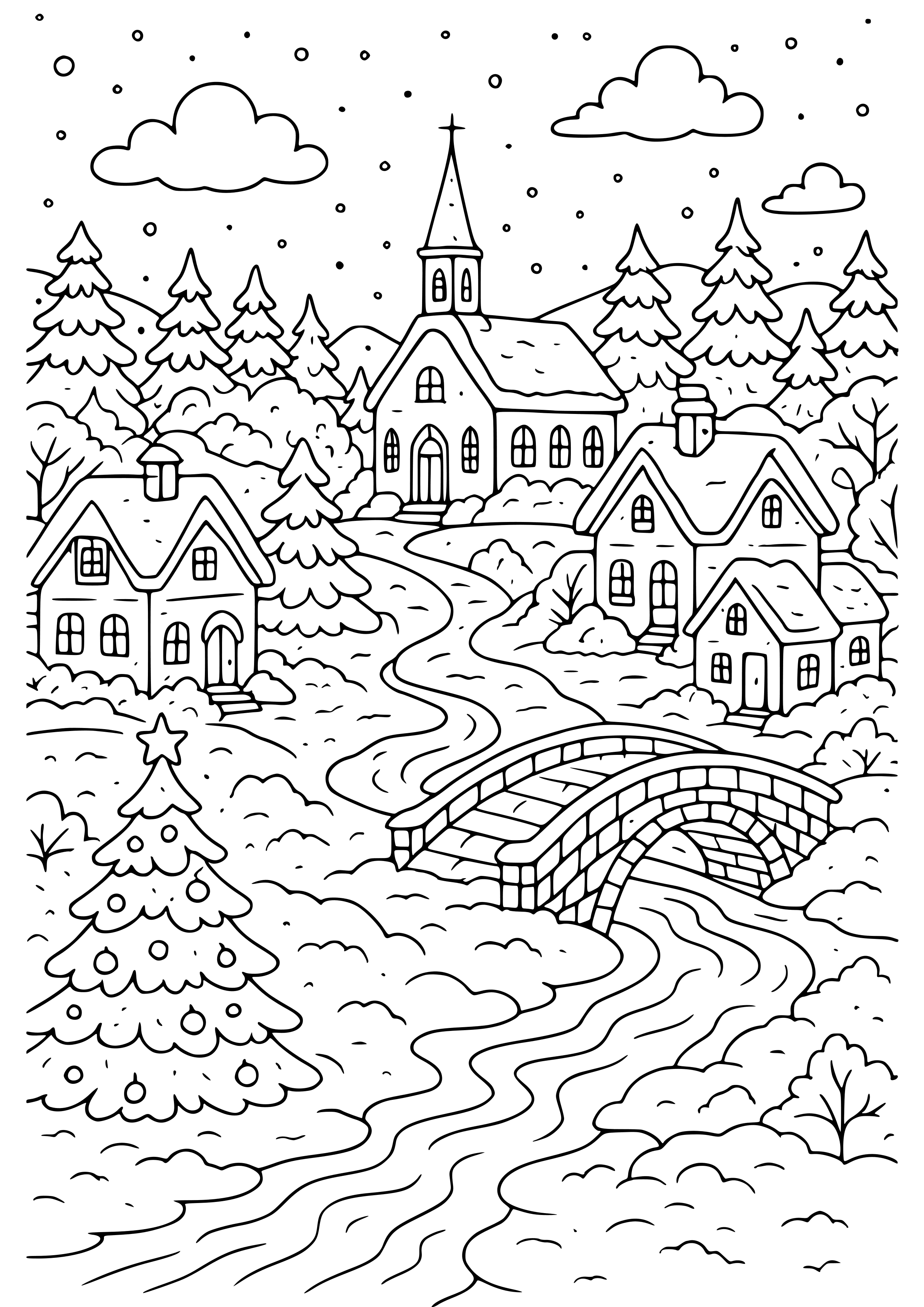 Detailed Scene of a Snowy Village Coloring Page