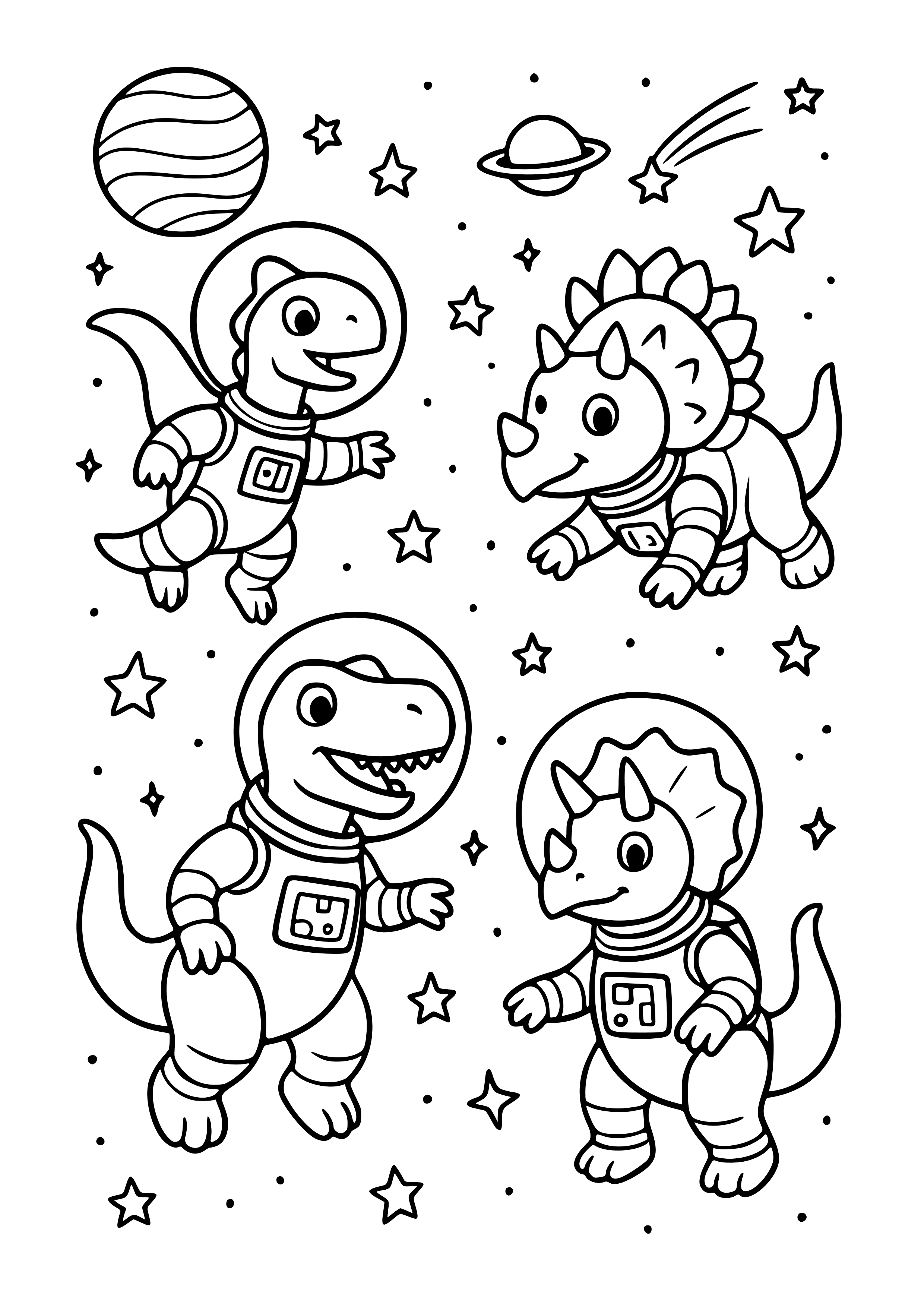 Dino Astronauts Exploring Outer Space Coloring Page