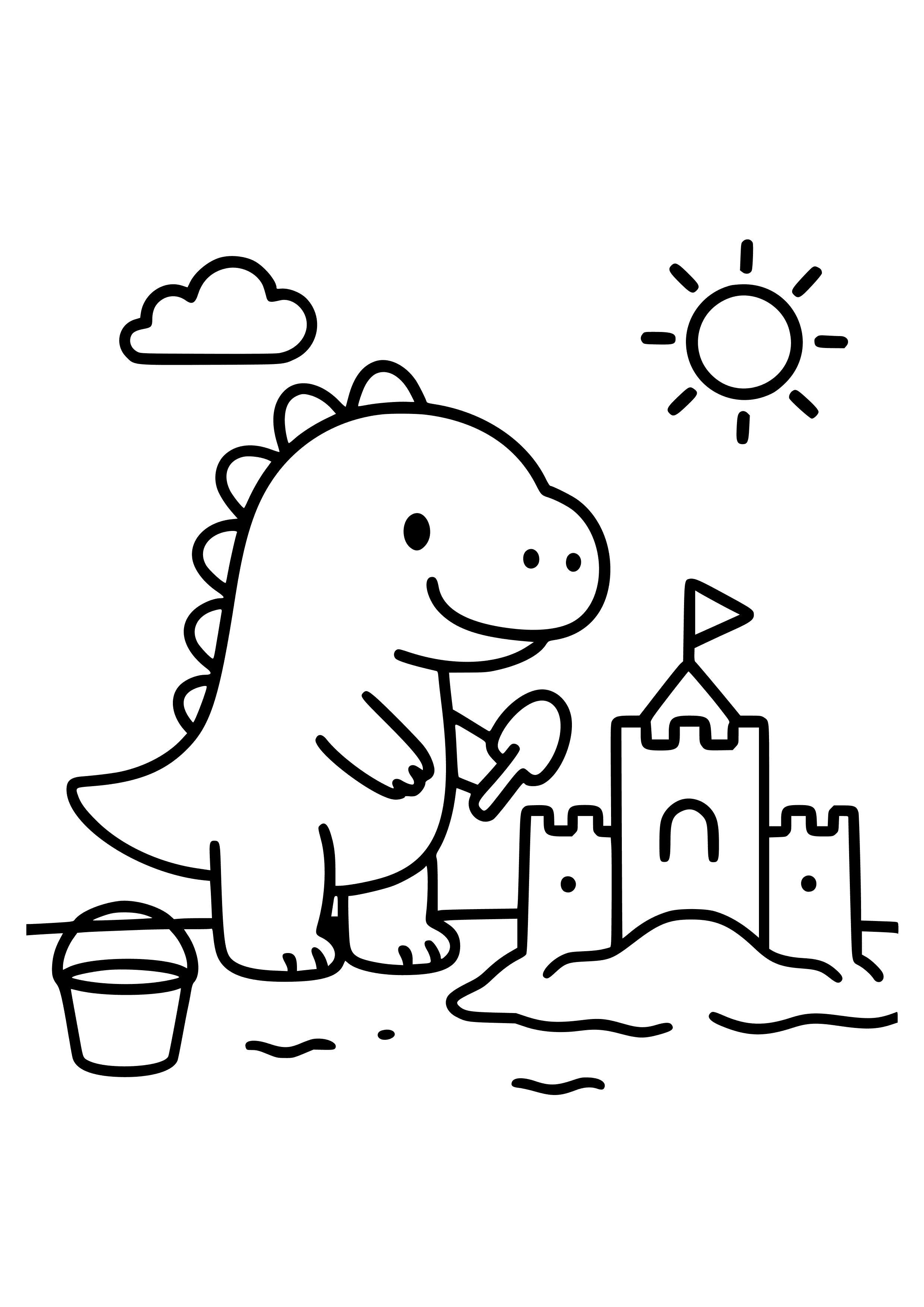 Dinosaur Building a Sandcastle Coloring Page