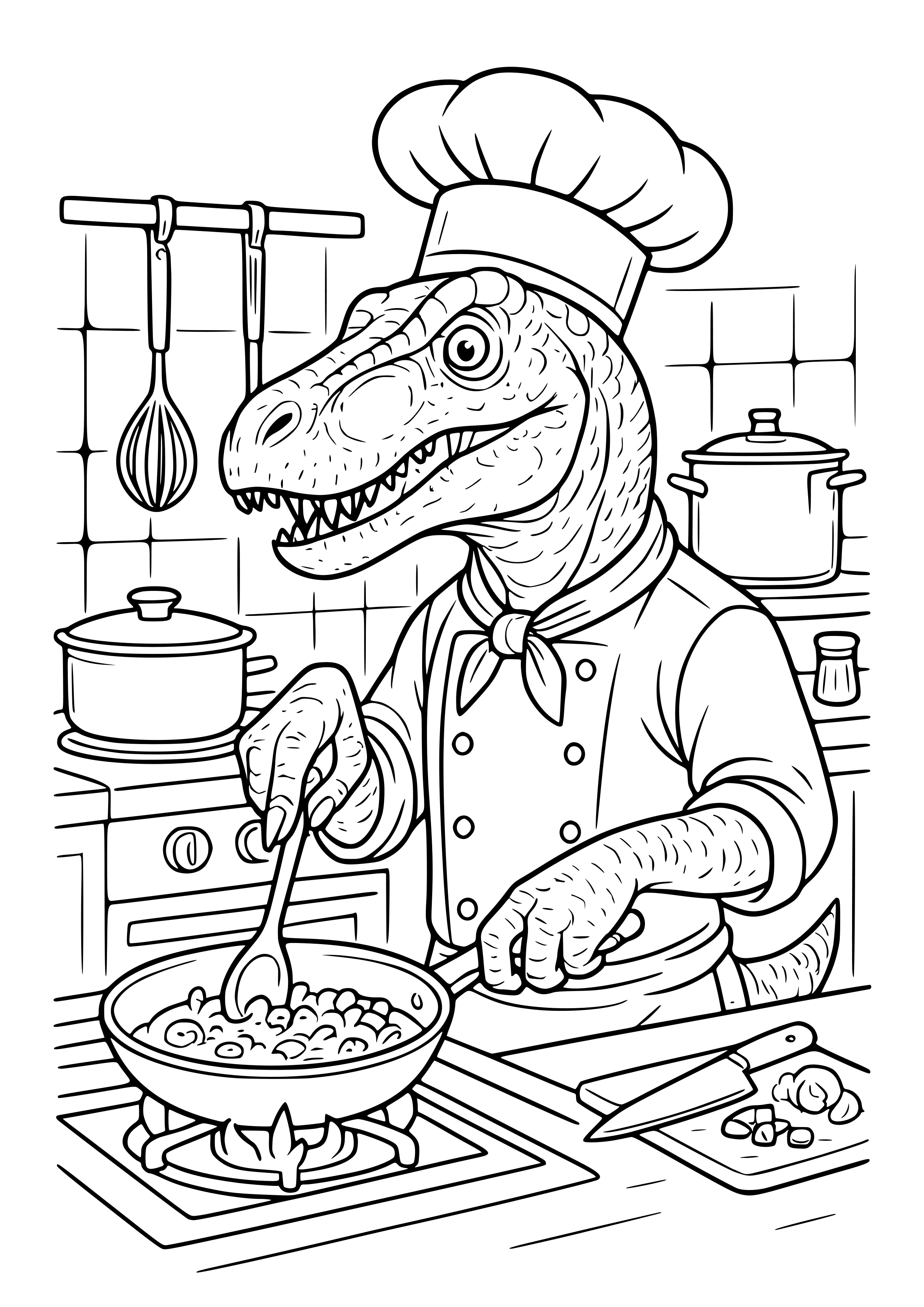 Dinosaur Chef Cooking in a Kitchen Coloring Page