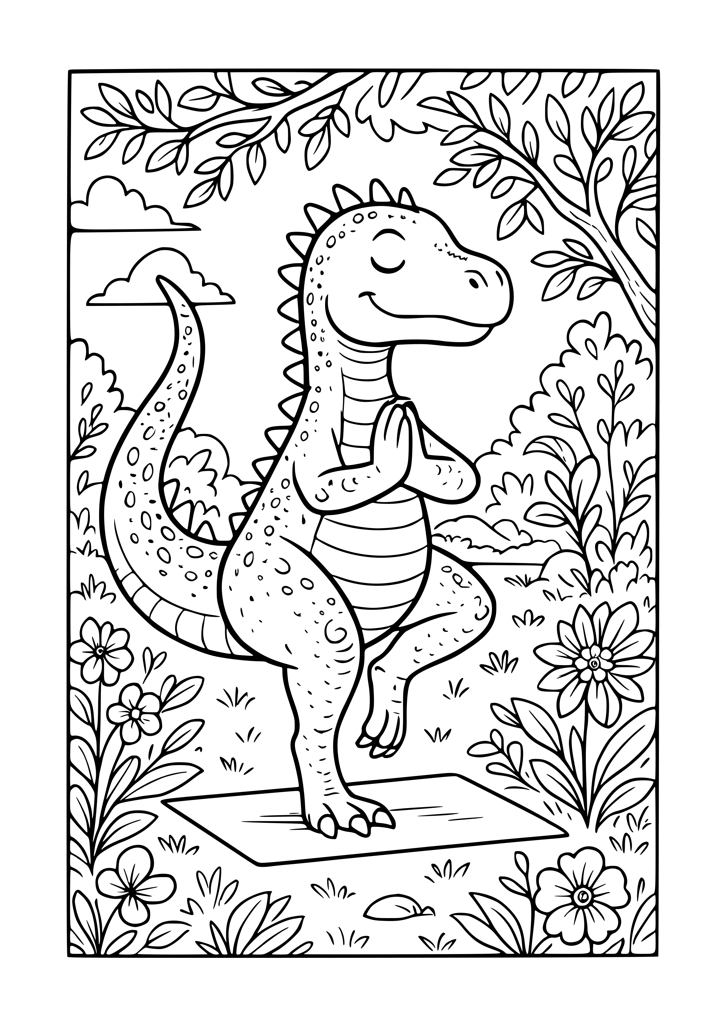 Dinosaur Doing Yoga in a Peaceful Garden Coloring Page