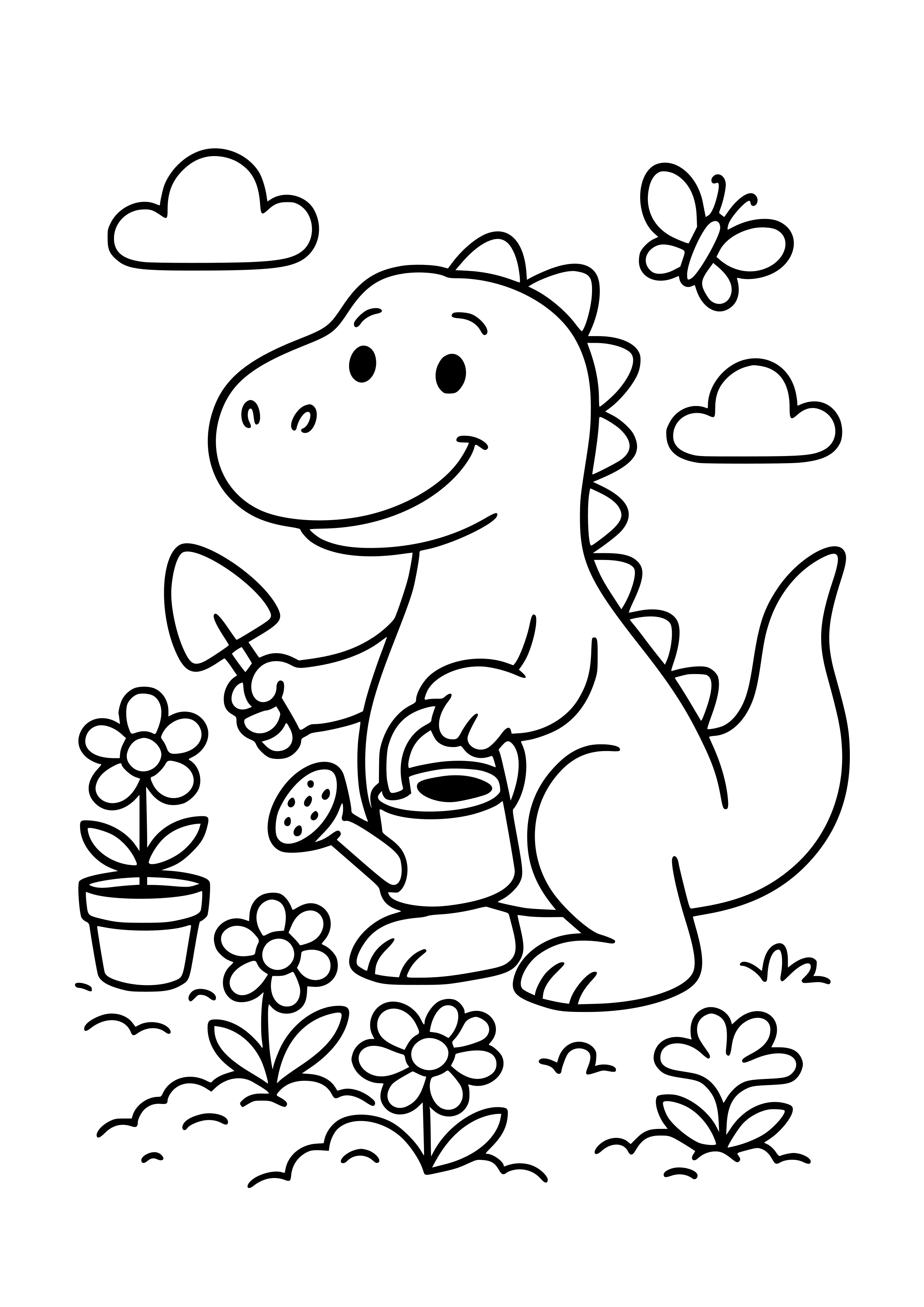 Dinosaur Gardener Planting Flowers Coloring Page