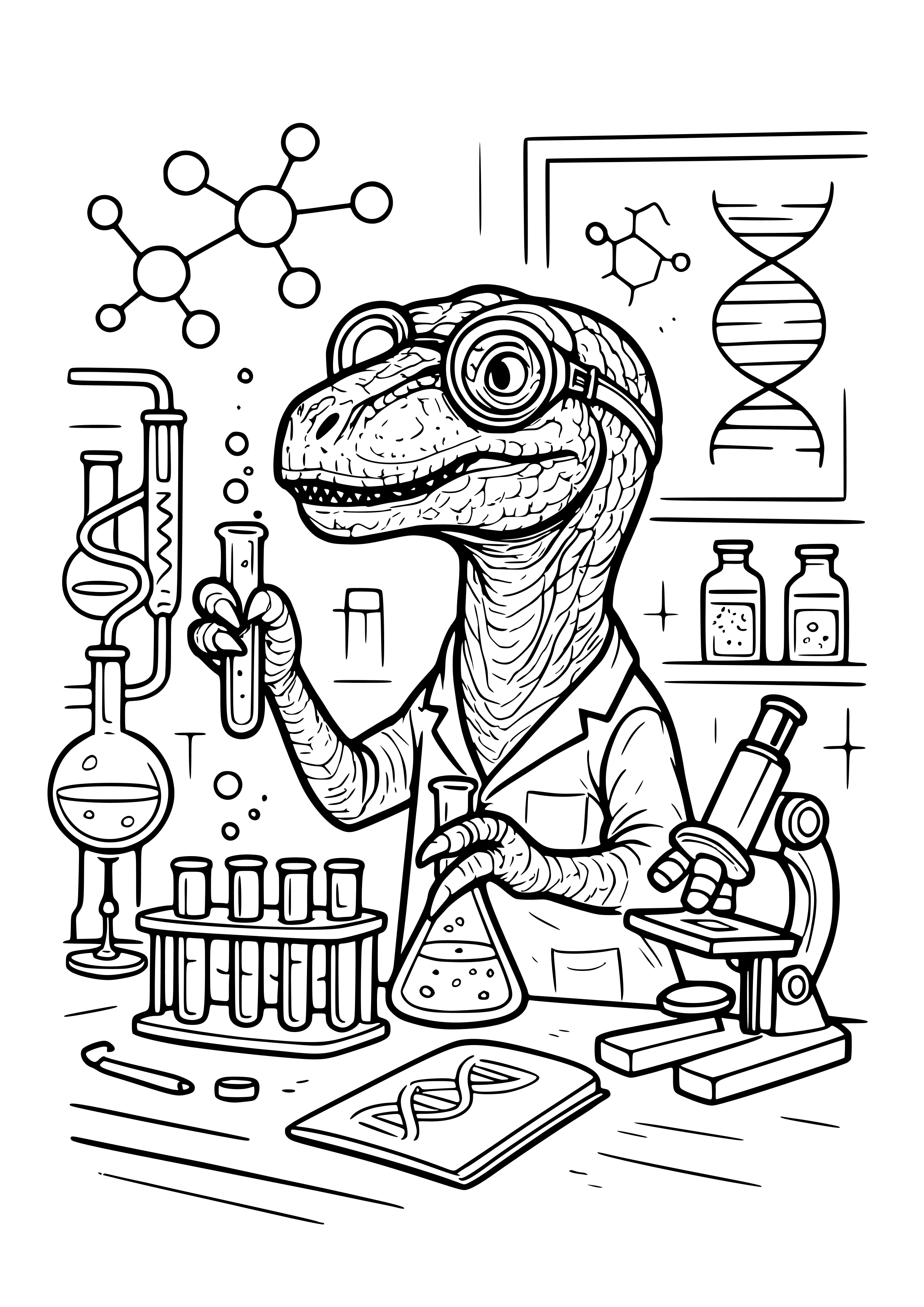 Dinosaur in a Science Lab Experimenting Coloring Page