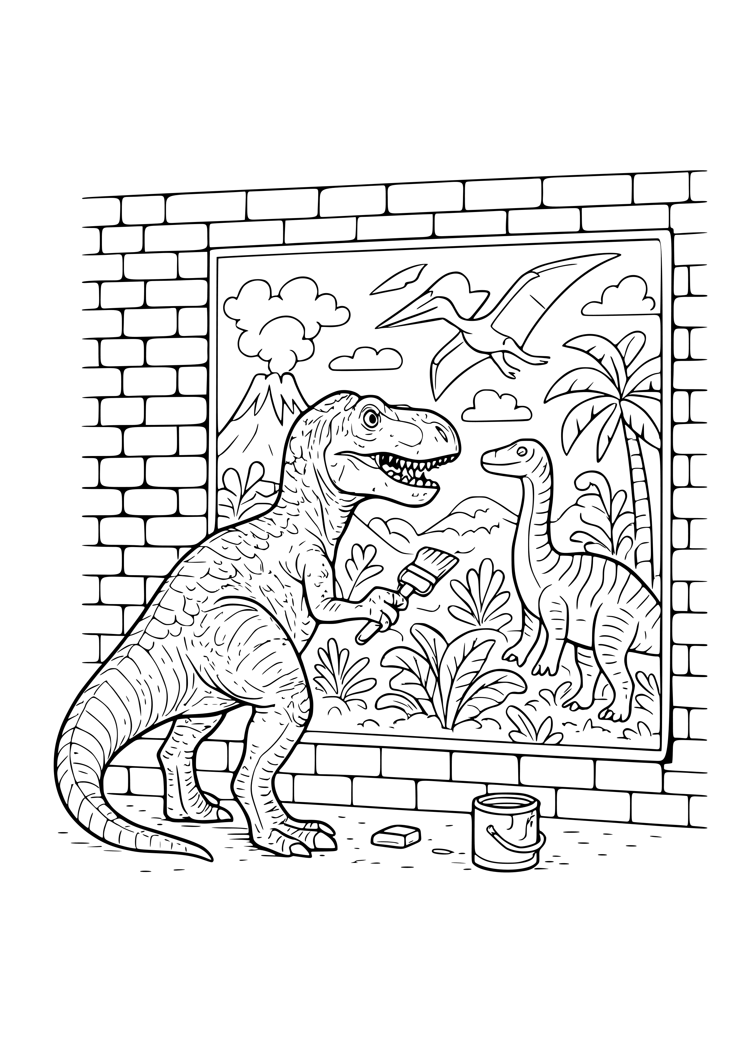 Dinosaur Painting a Mural on a Wall Coloring Page