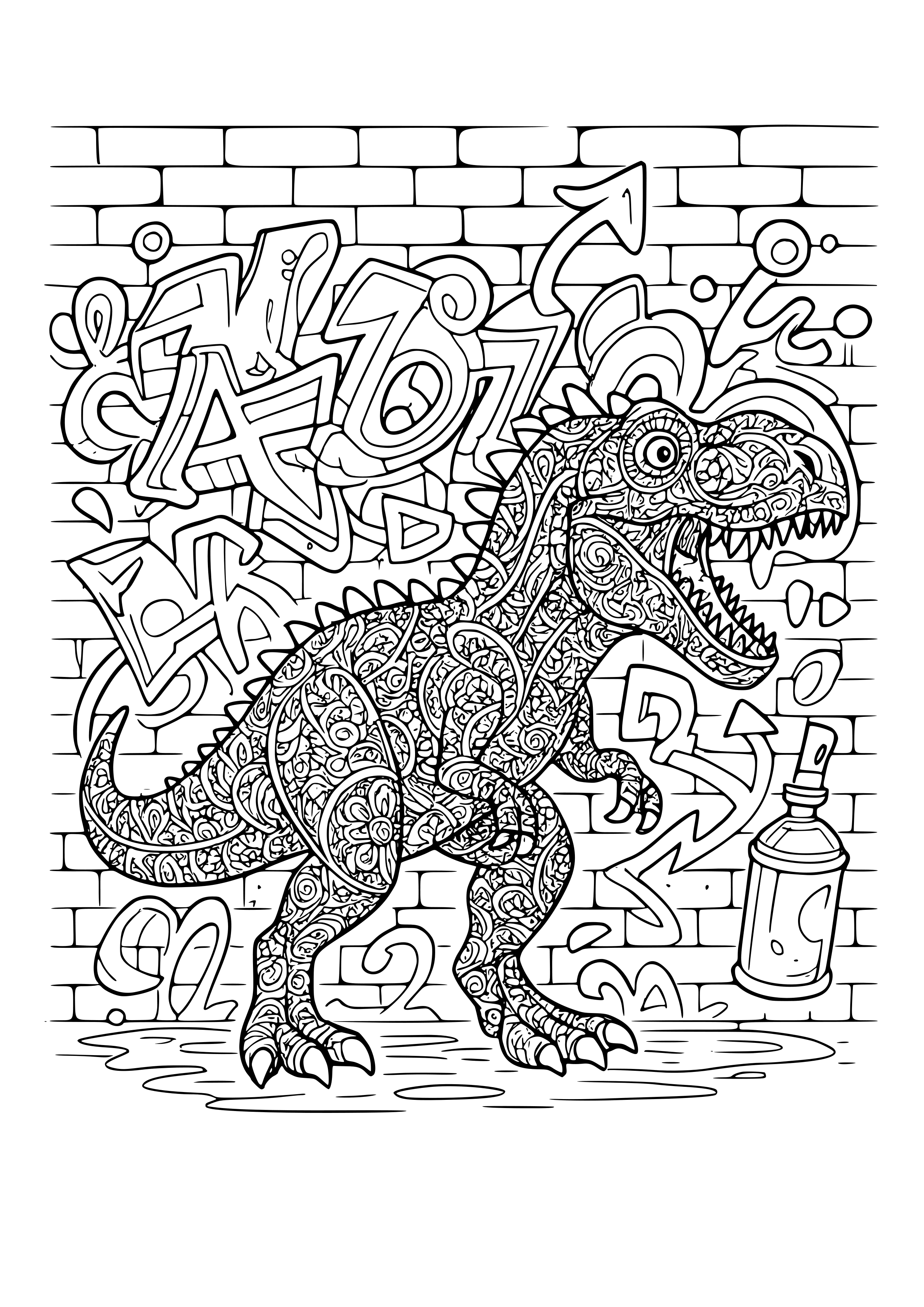 Dinosaur Painting Graffiti on a Wall Coloring Page