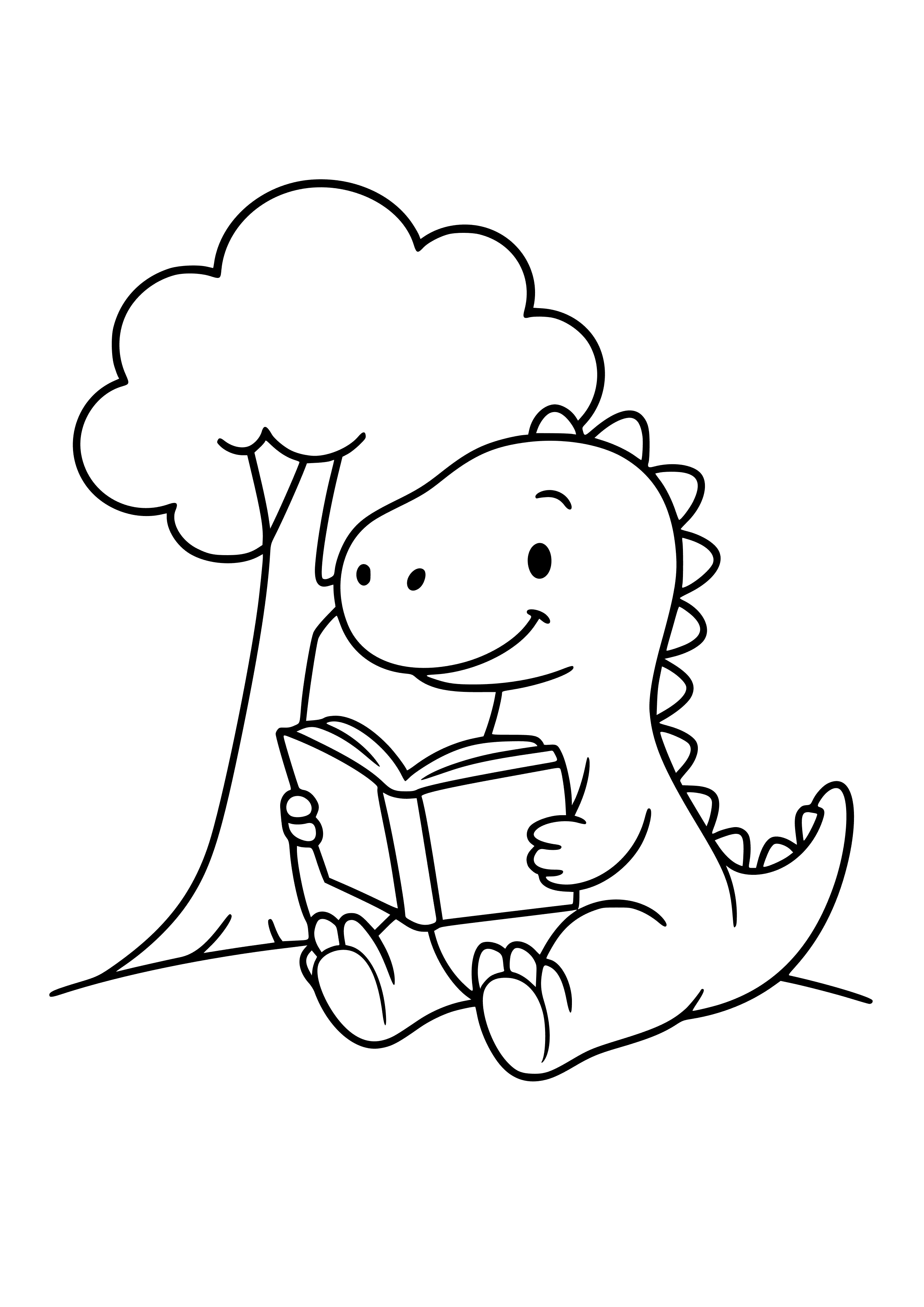 Dinosaur Reading a Book Under a Tree Coloring Page