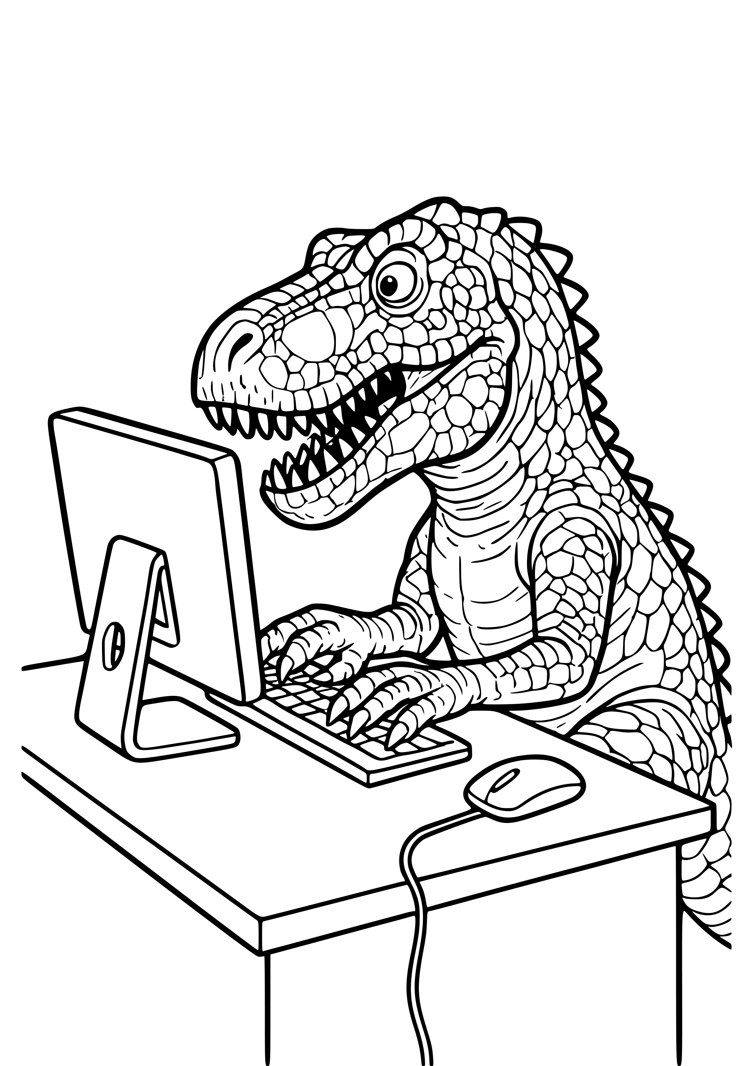 Dinosaur Working on a Computer Coloring Page