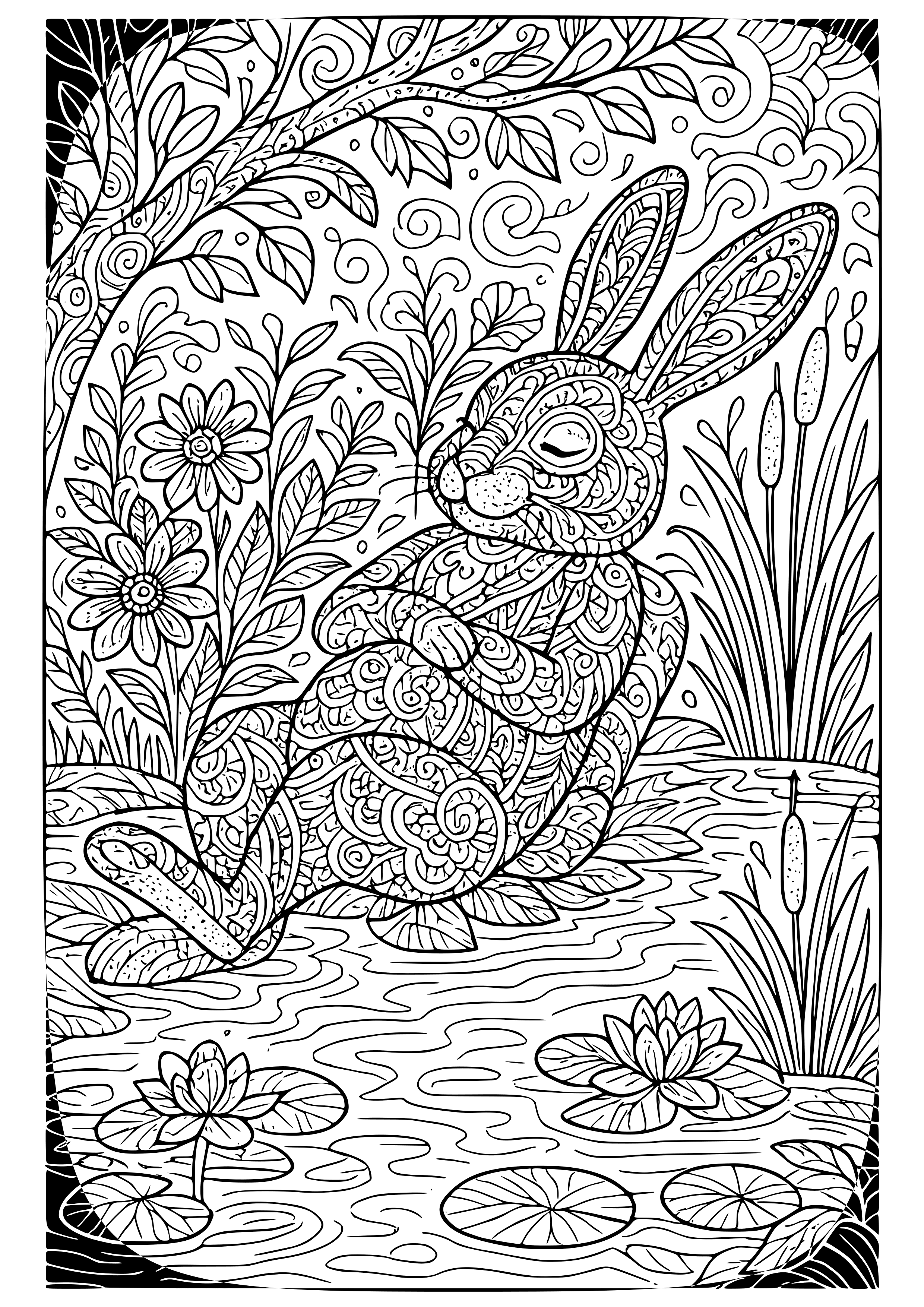 Easter Bunny Relaxing by a Pond Coloring Page