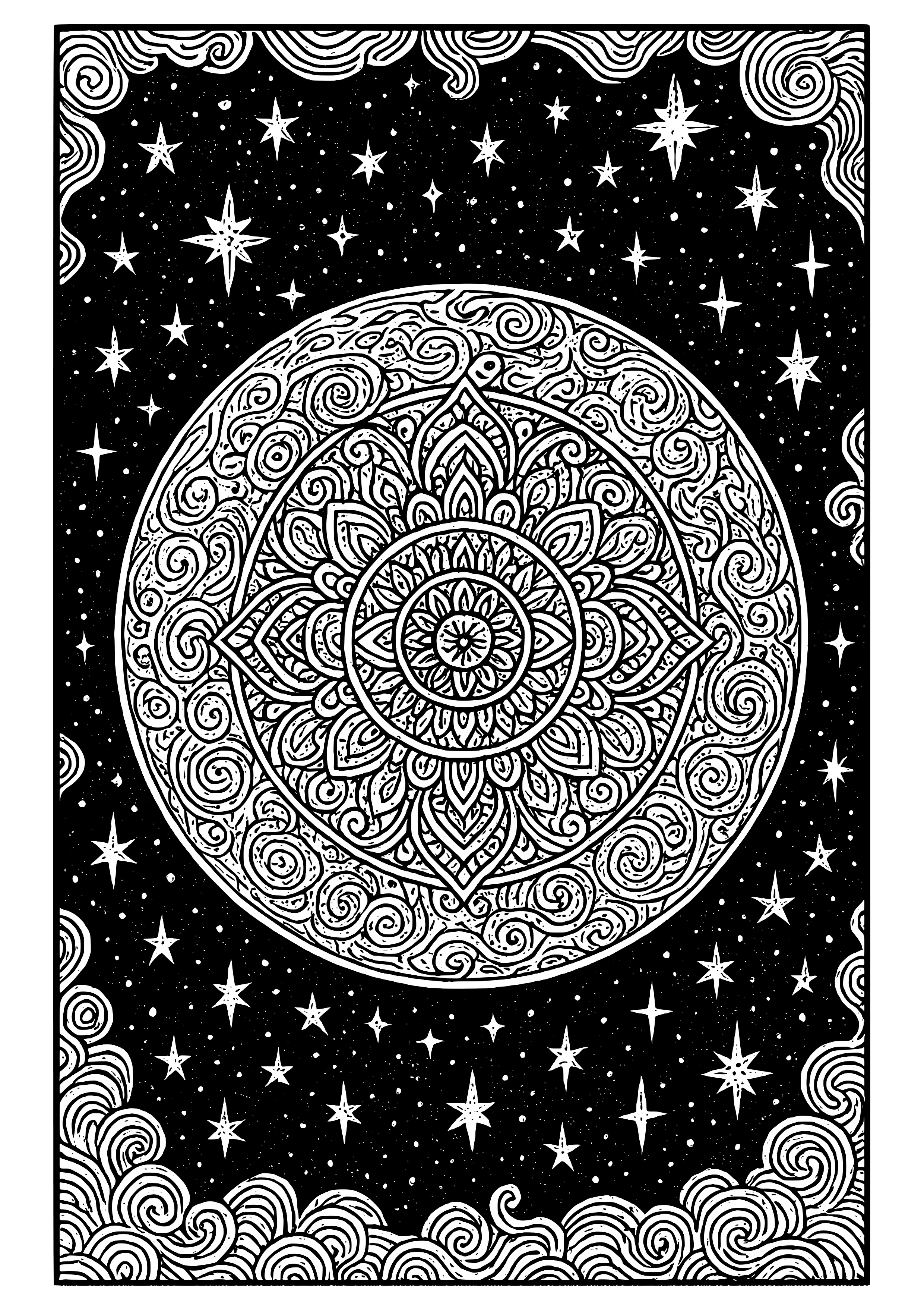 Eerie Full Moon in a Starry Night Coloring Page