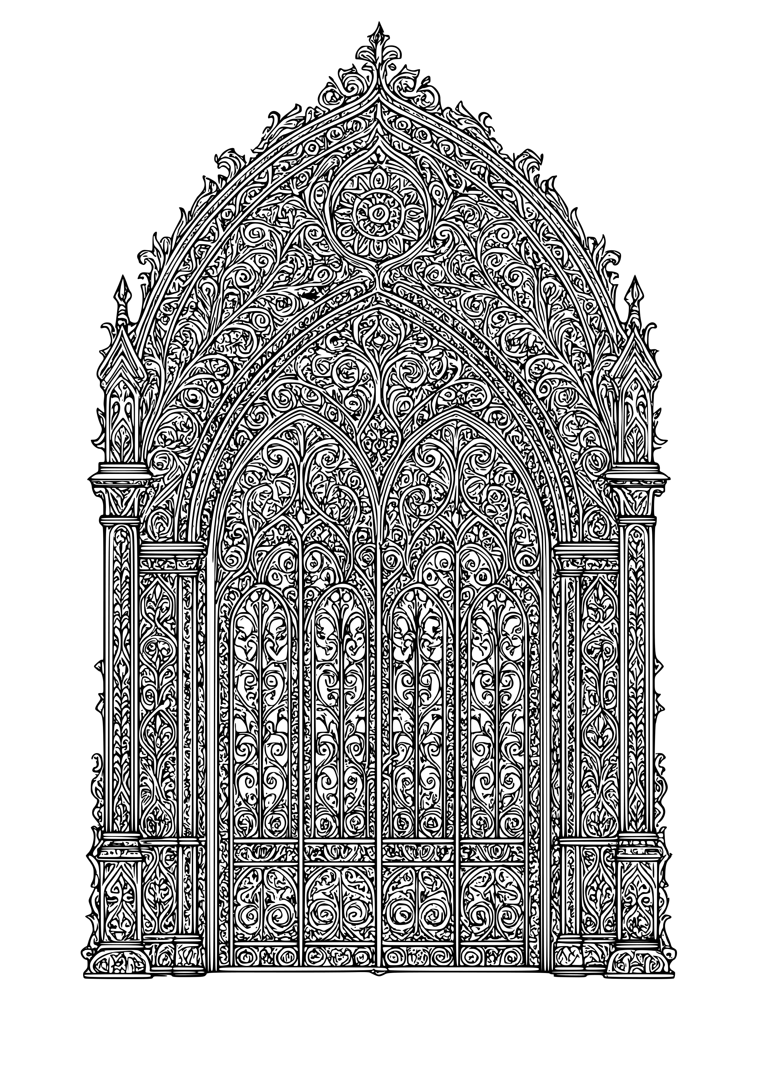 Elaborate Gothic Gate with Intricate Patterns Coloring Page