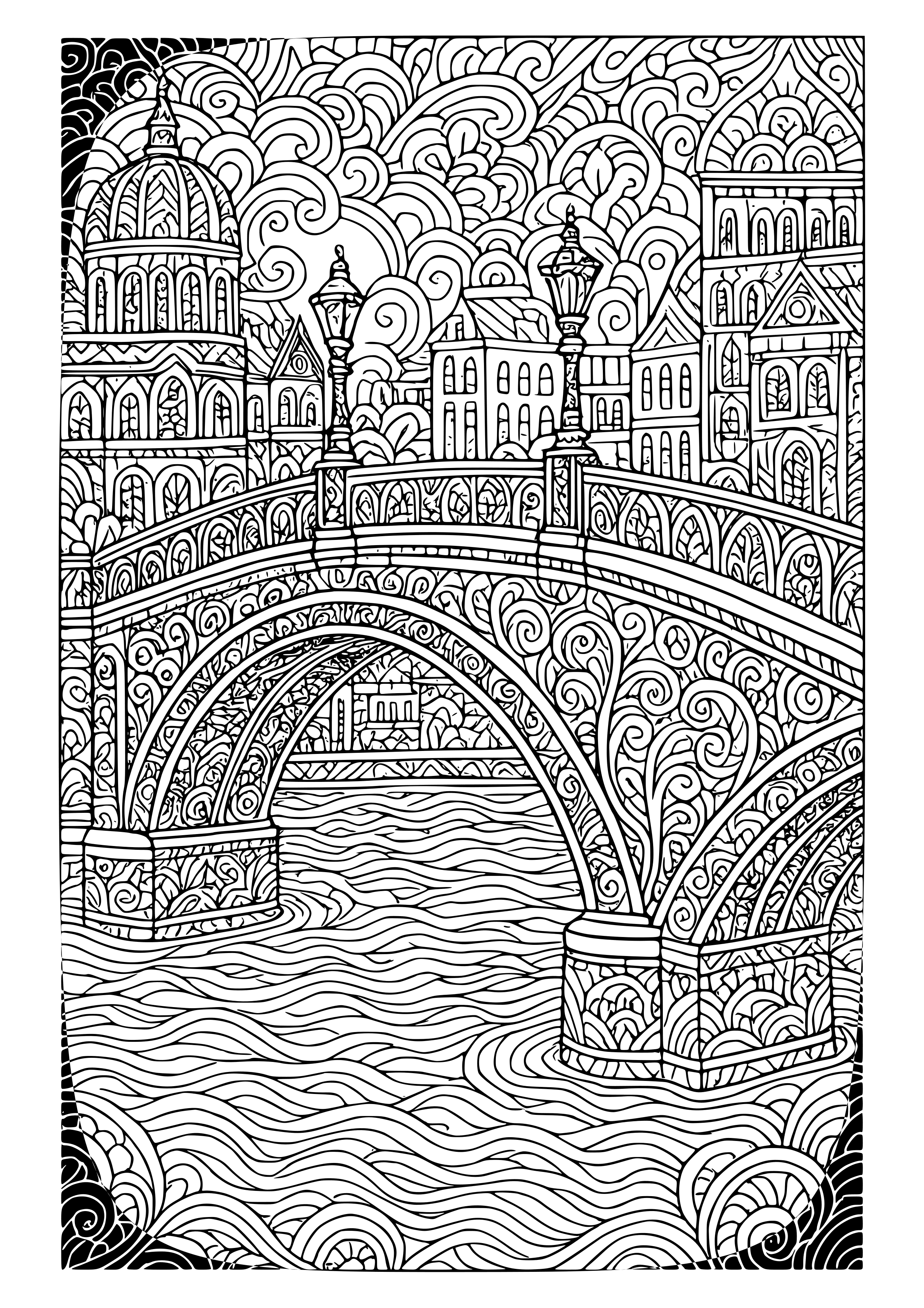 Elegant City Bridge Over a River Coloring Page
