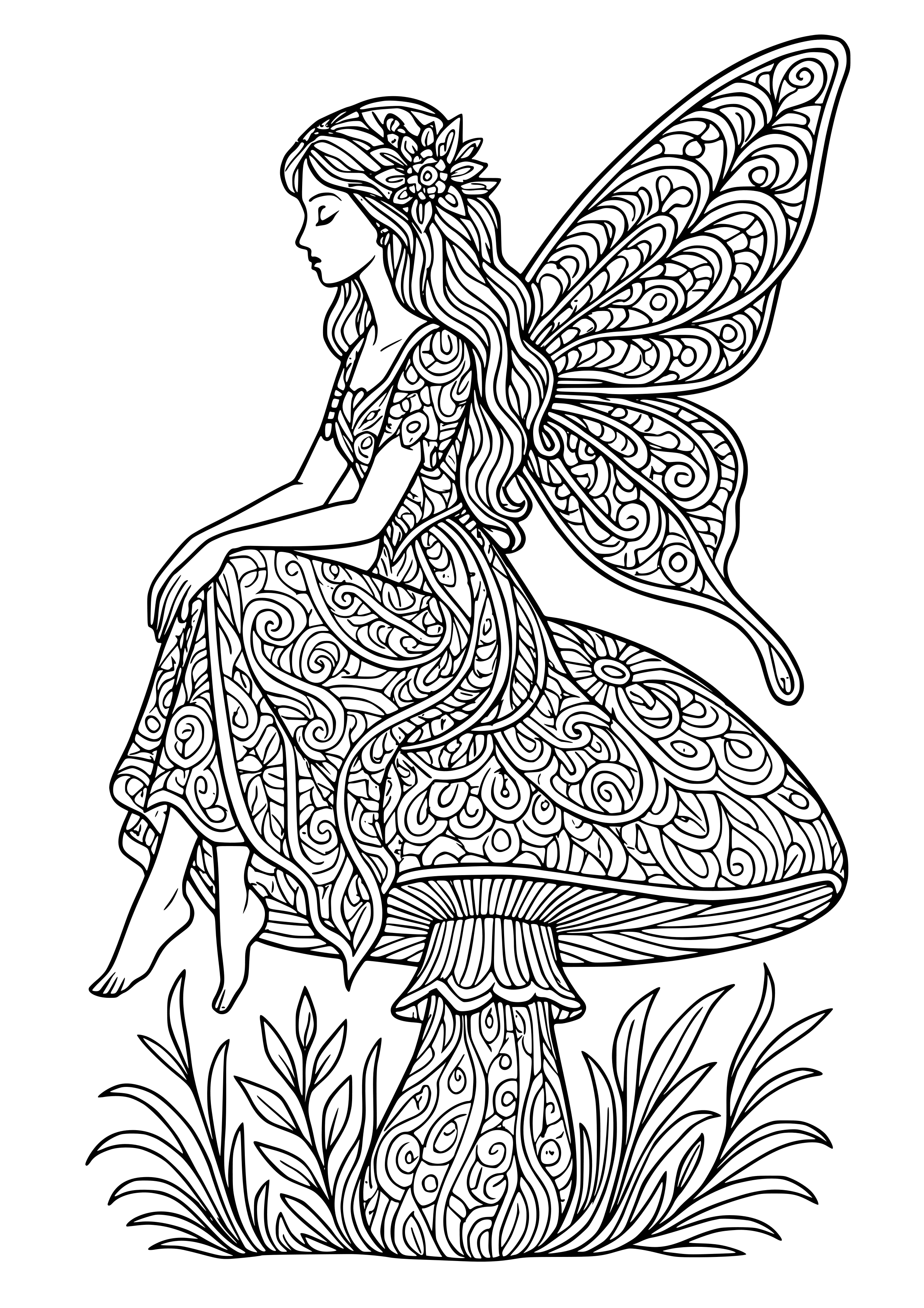 Elegant Fairy Sitting on a Mushroom Coloring Page