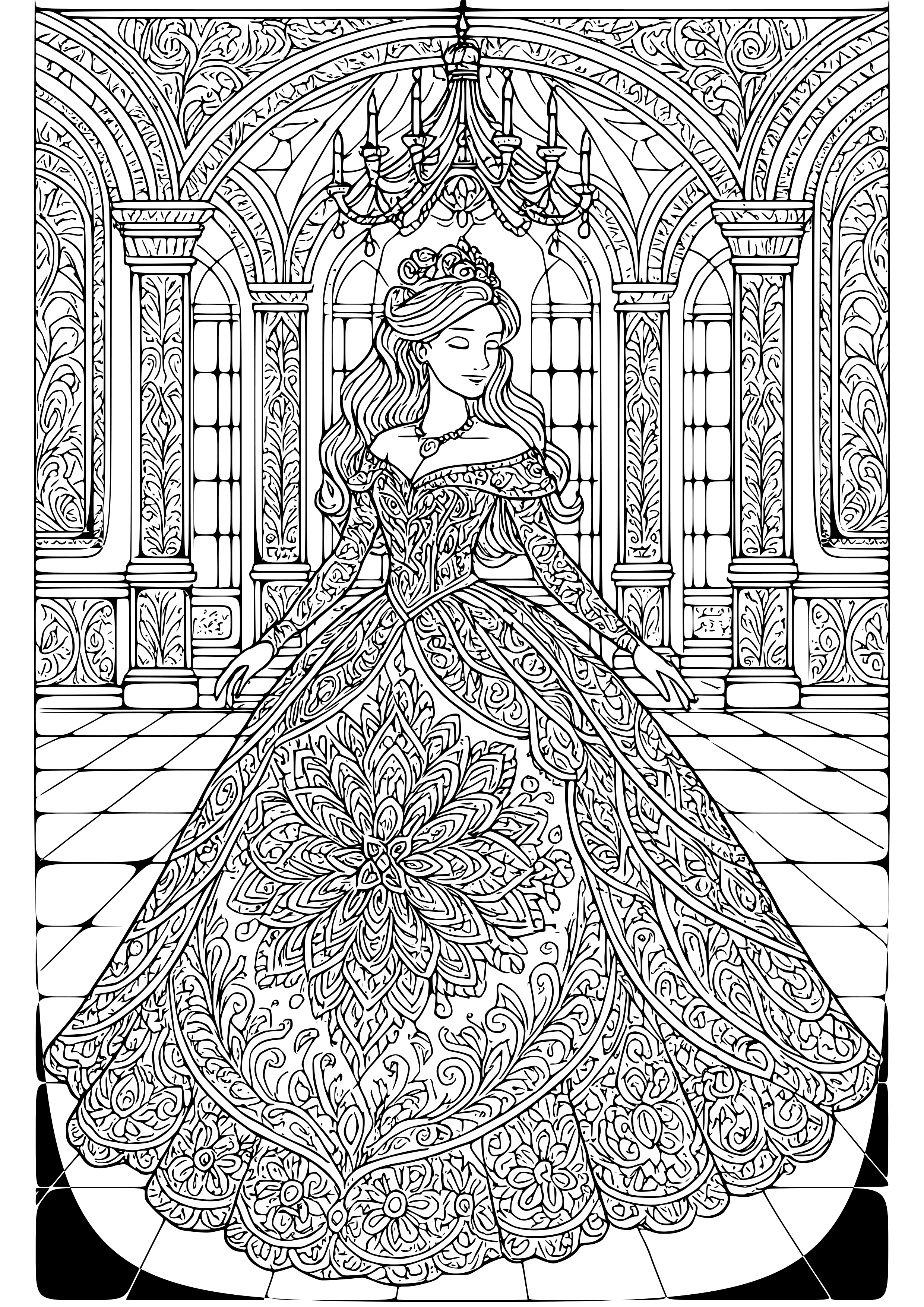 Elegant Princess in a Ballroom Coloring Page