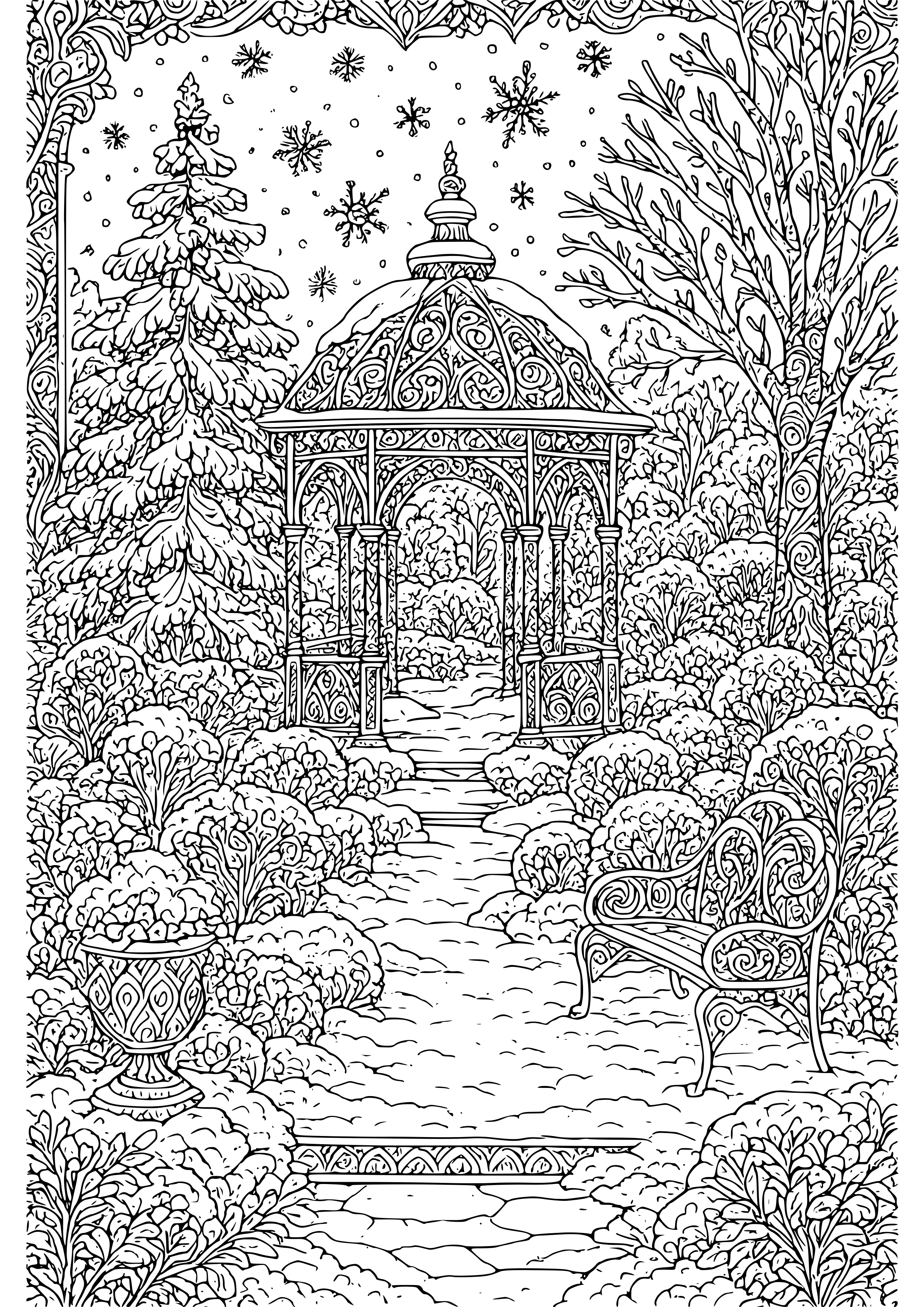 Elegant Winter Garden with Snow Coloring Page