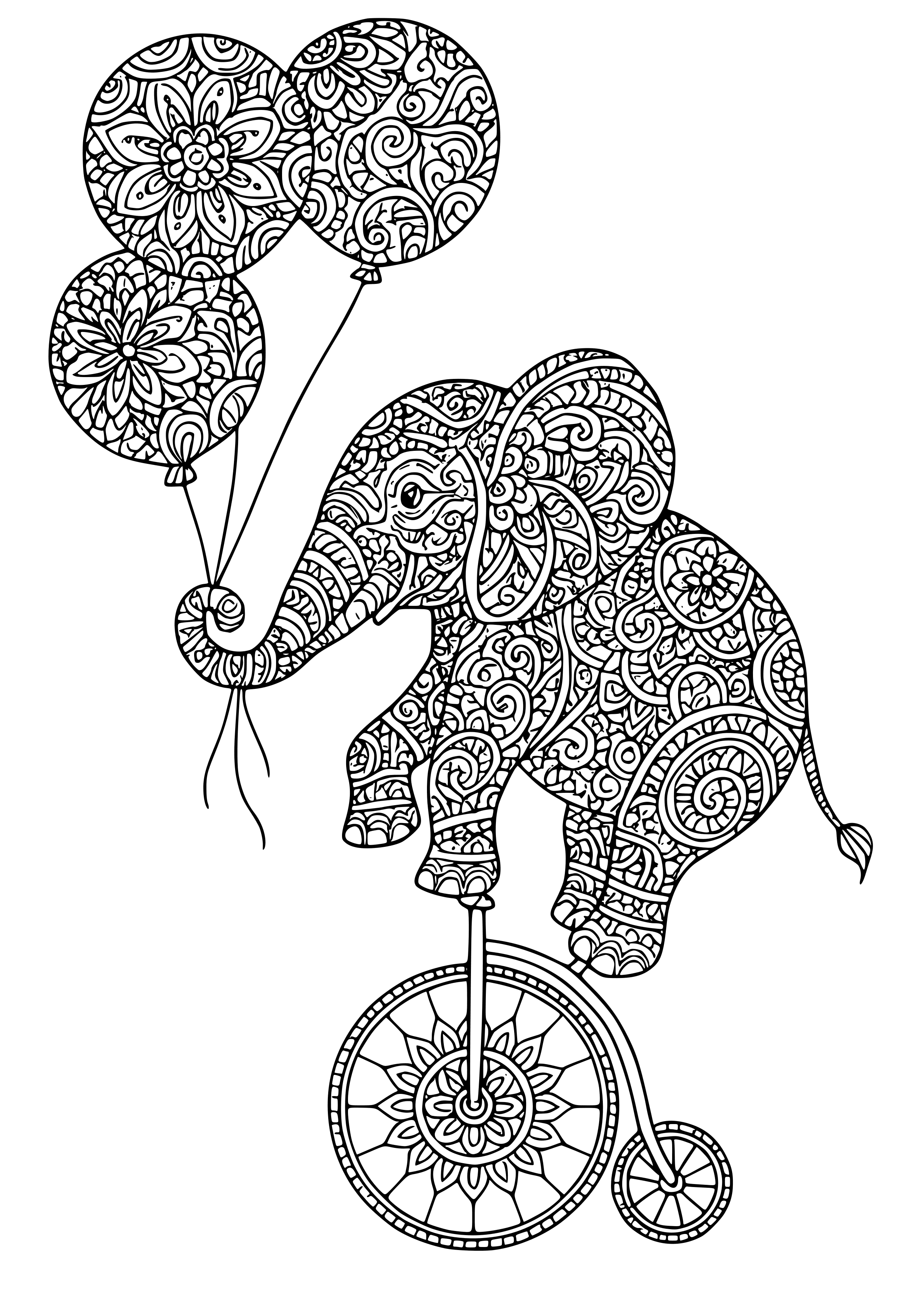 Elephant Balancing on a Unicycle with Balloons Coloring Page