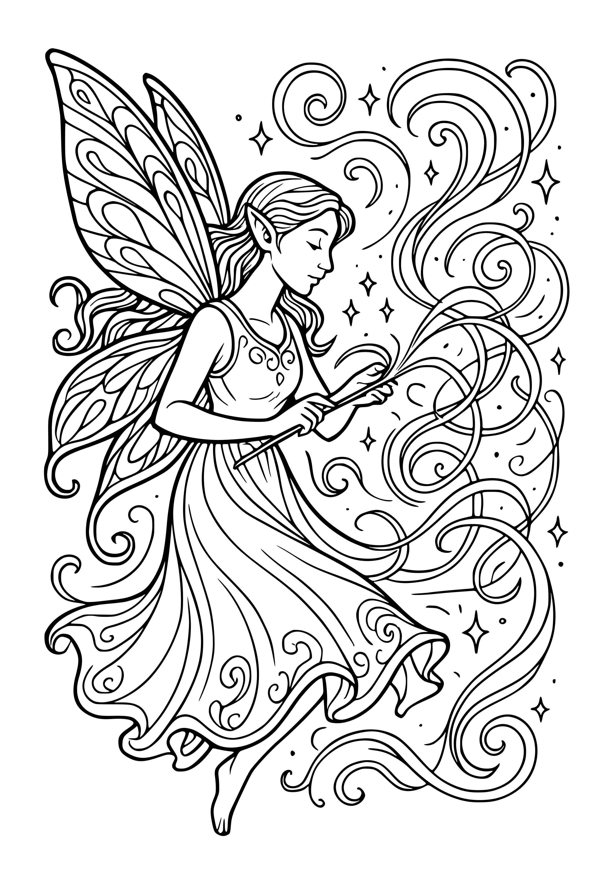 Enchanted Fairy Weaving Magic Into the Wind Coloring Page