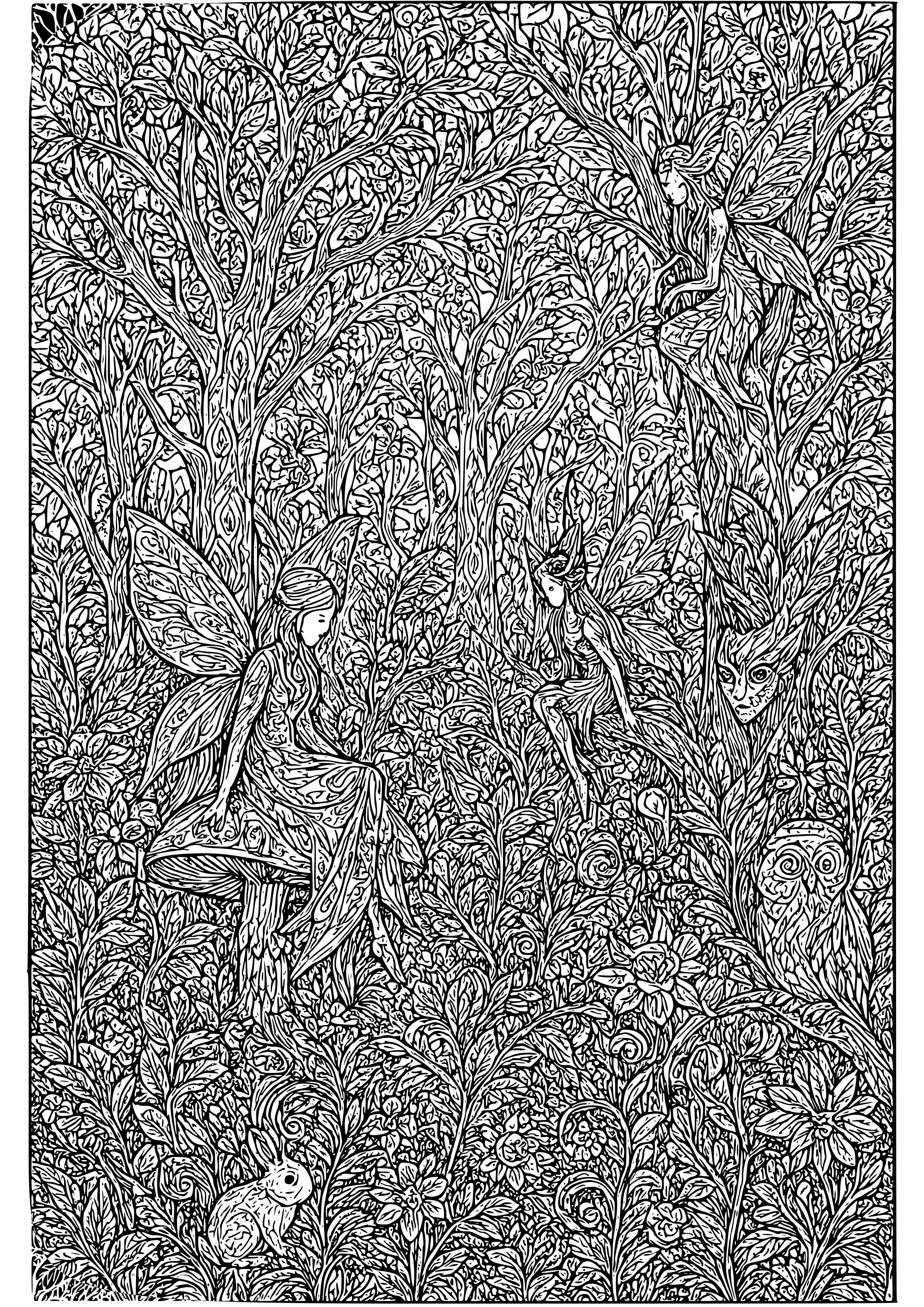 Enchanted Forest with Hidden Fairies and Creatures Coloring Page