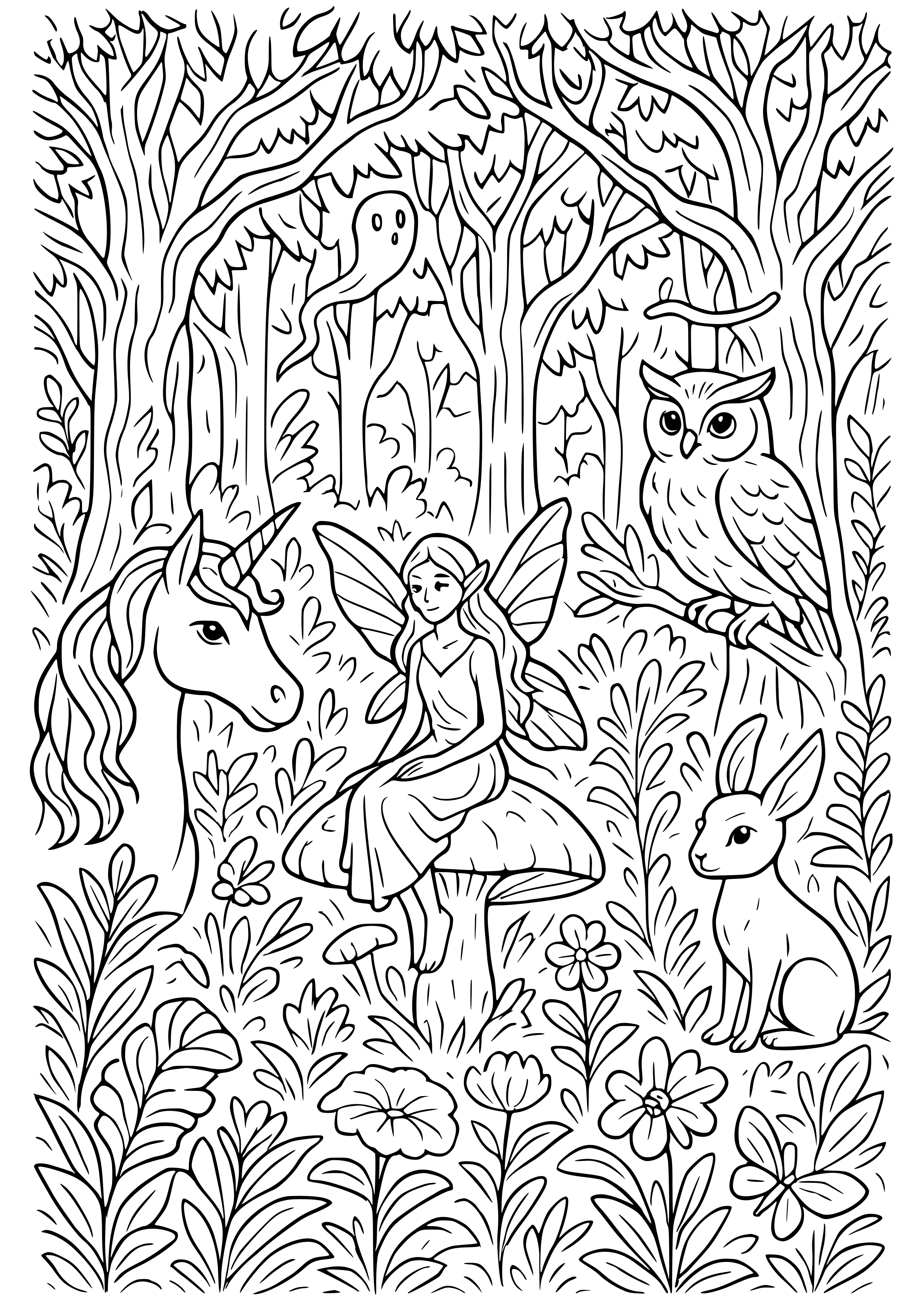 Enchanted Forest with Mystical Creatures Coloring Page