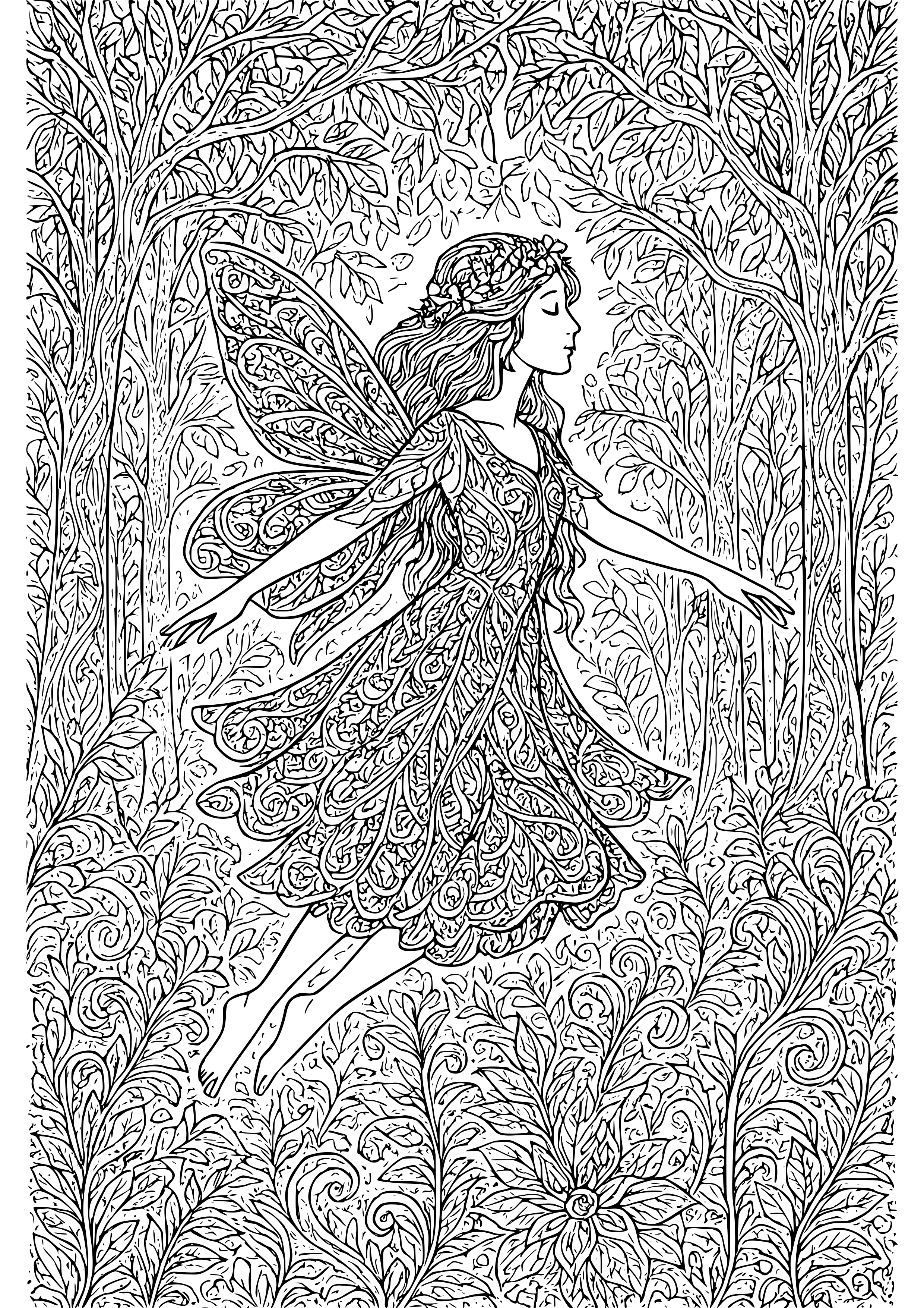 Ethereal Fairy Floating Through an Enchanted Forest Coloring Page