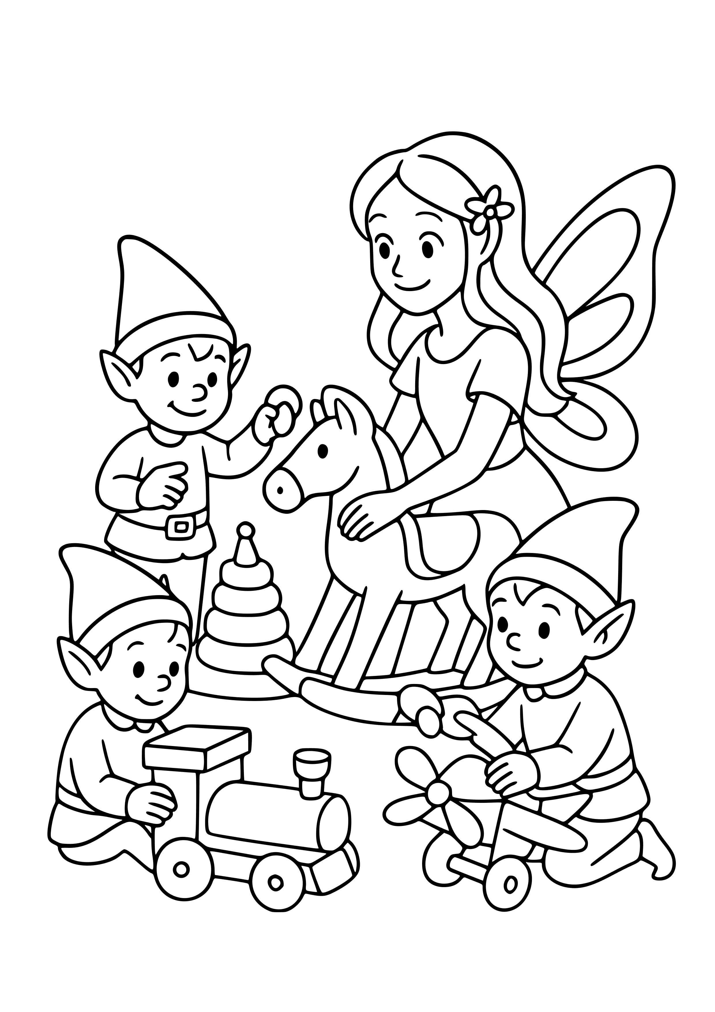 Fairy Collaborating with Elves to Build Toys Coloring Page