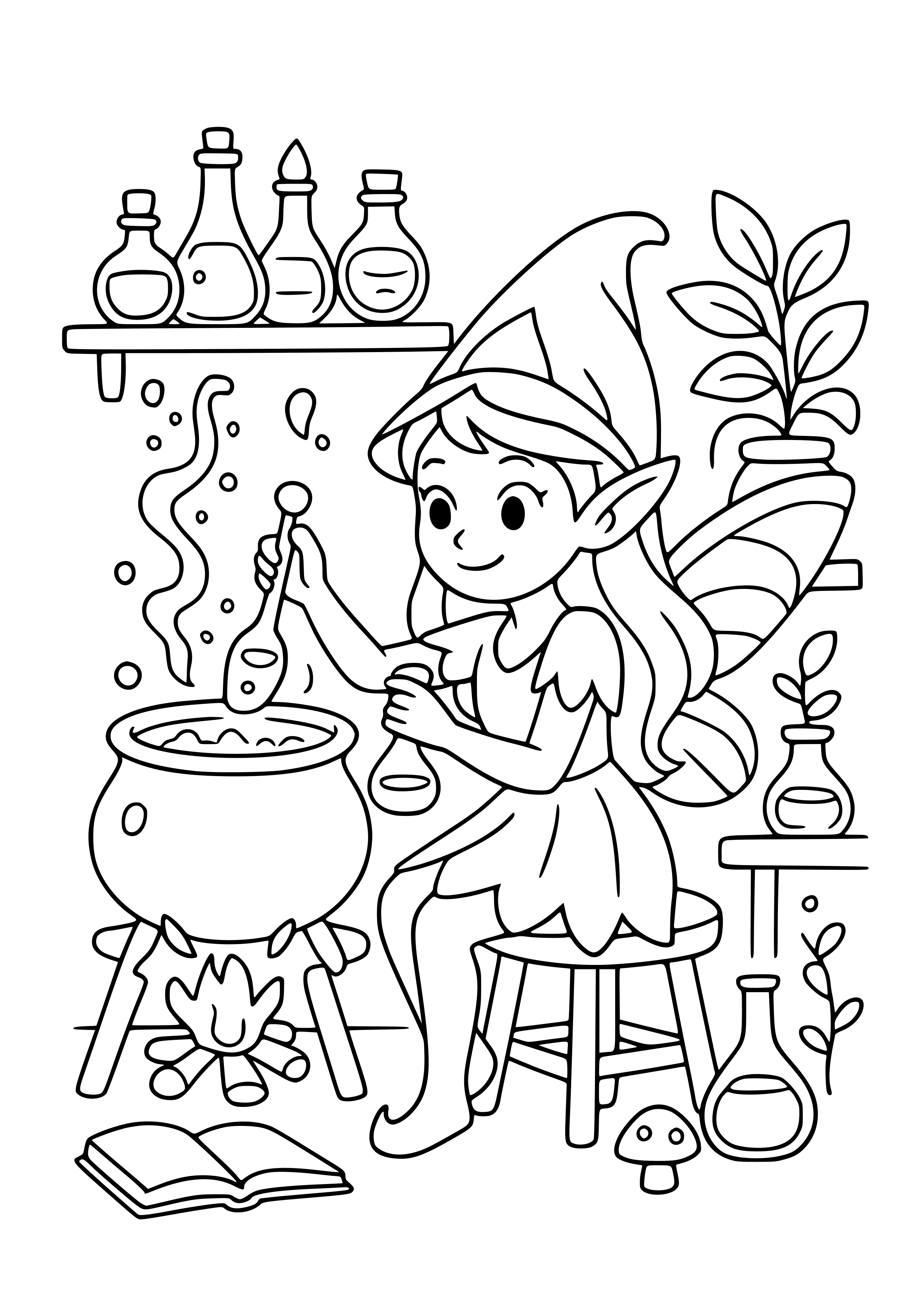 Fairy Crafting Potions in a Mystical Workshop Coloring Page