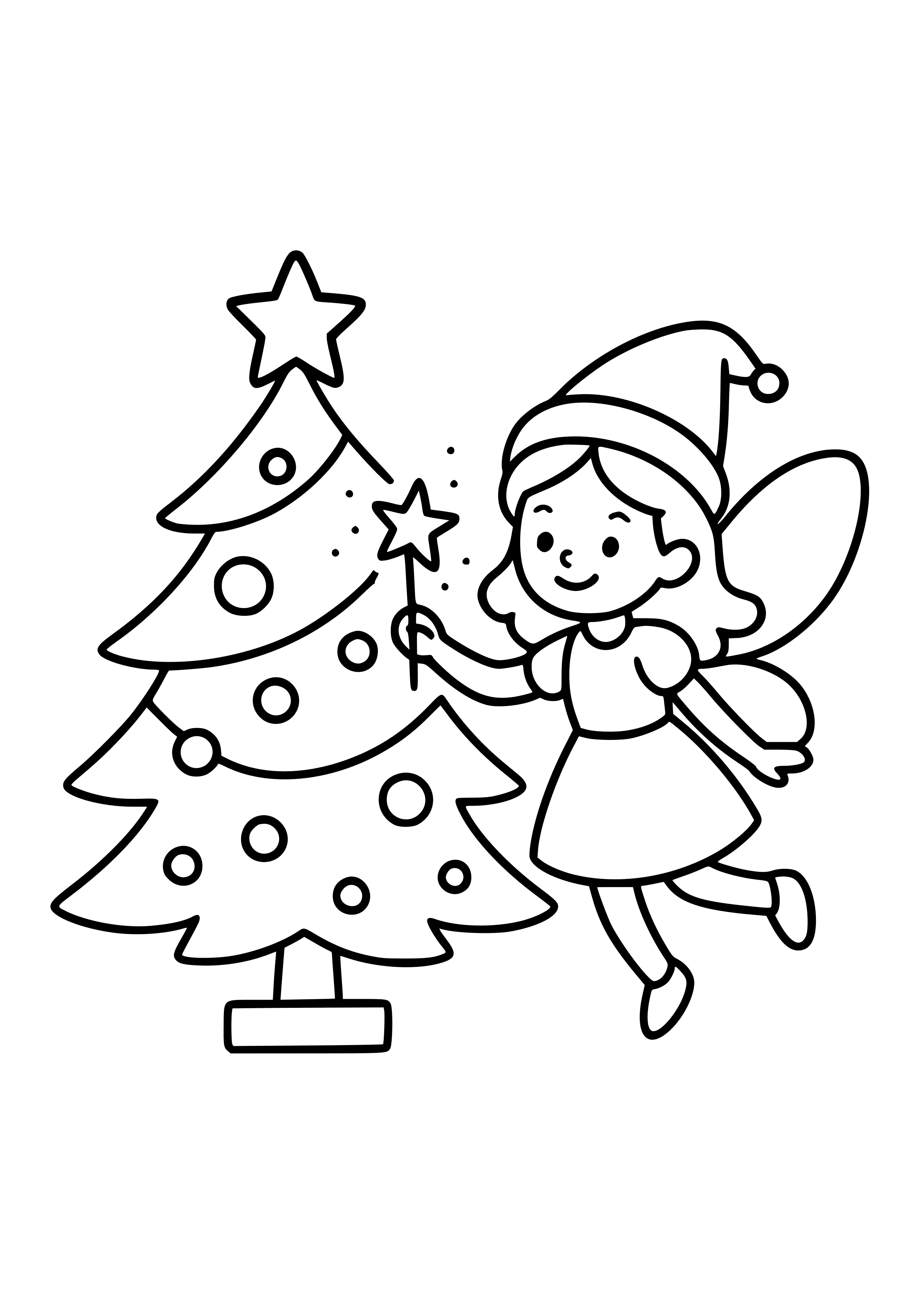 Fairy Decorating a Christmas Tree with Magic Coloring Page
