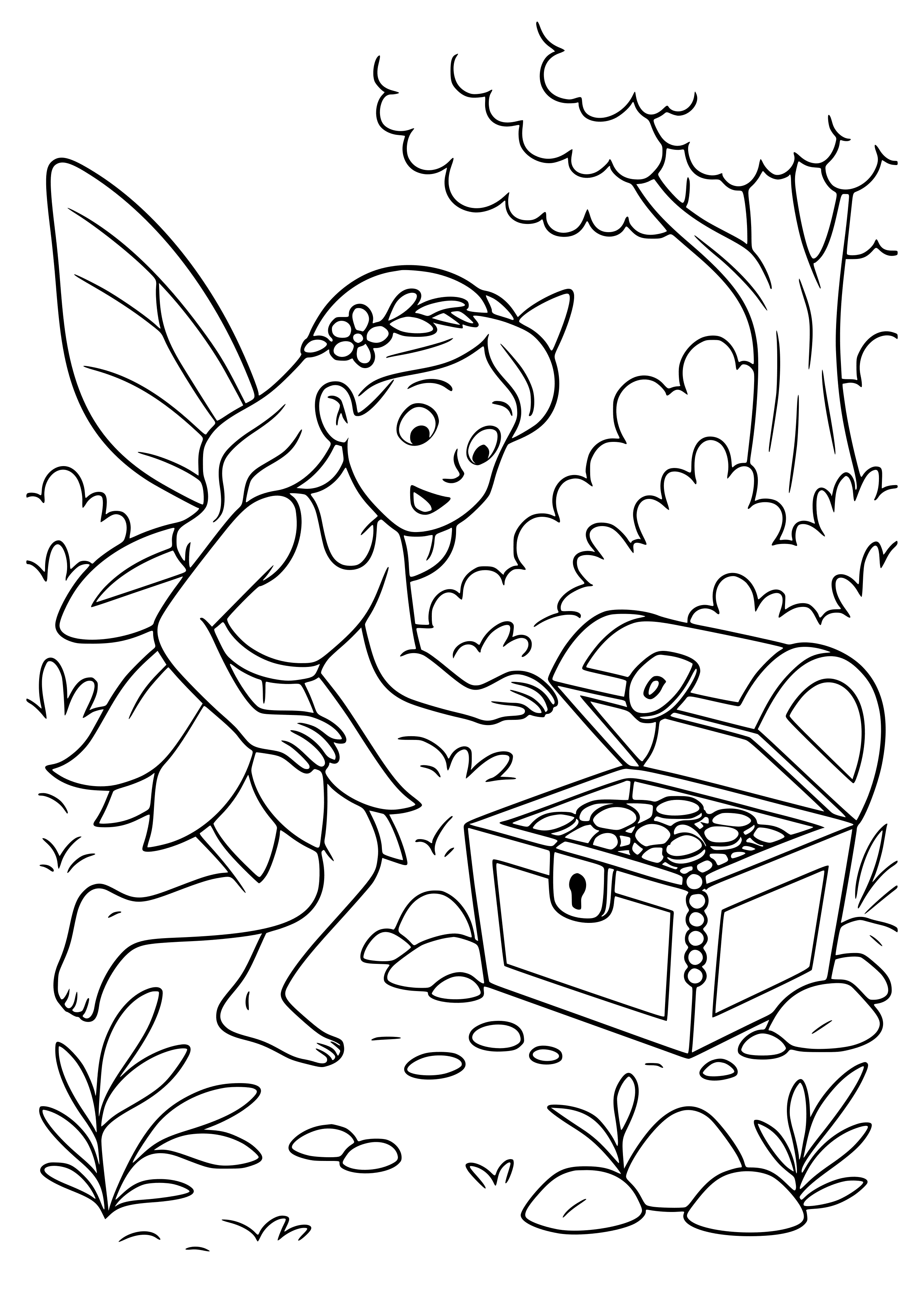 Fairy Discovering a Hidden Treasure Chest Coloring Page