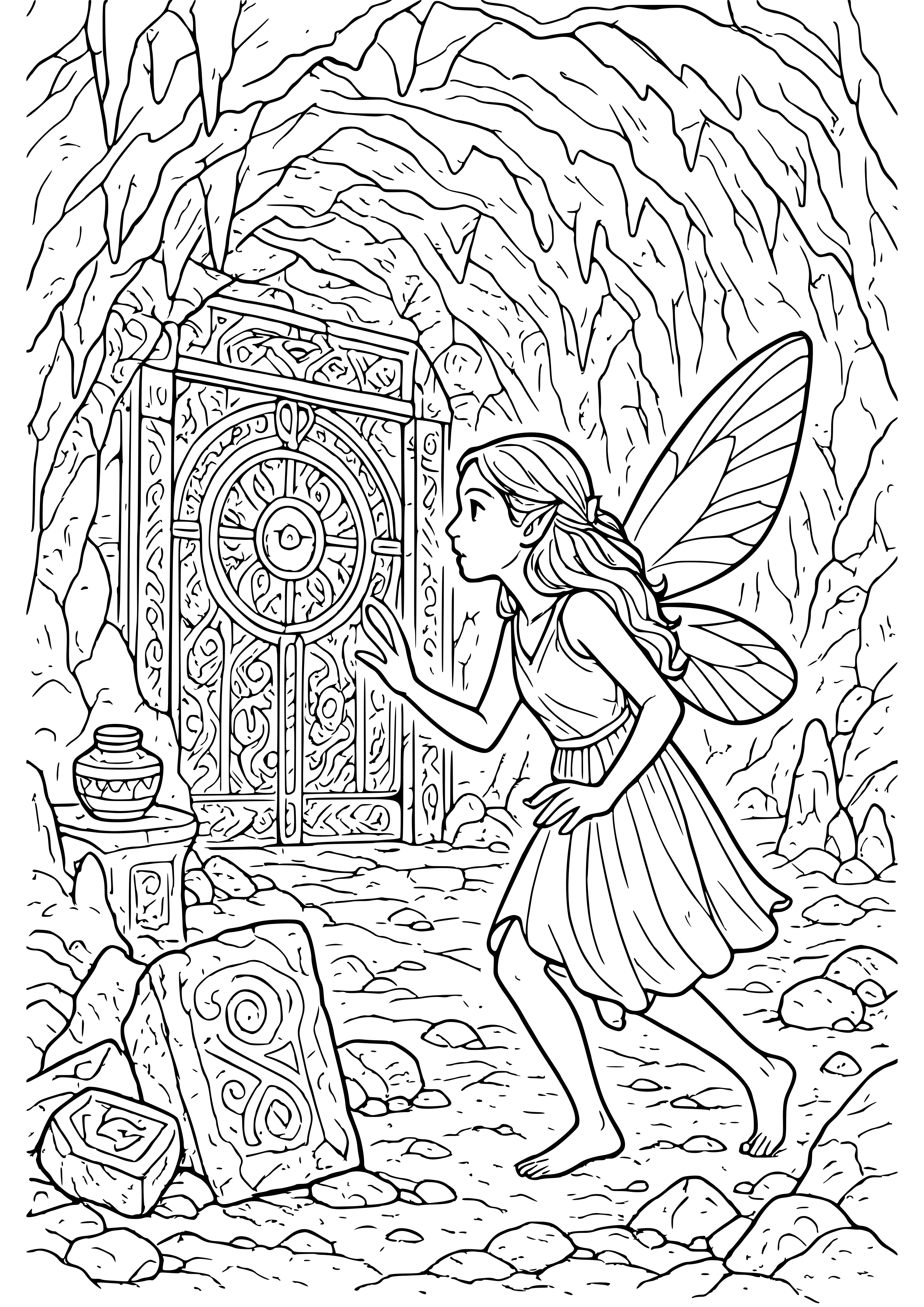 Fairy Discovering an Ancient Secret in a Hidden Cave Coloring Page