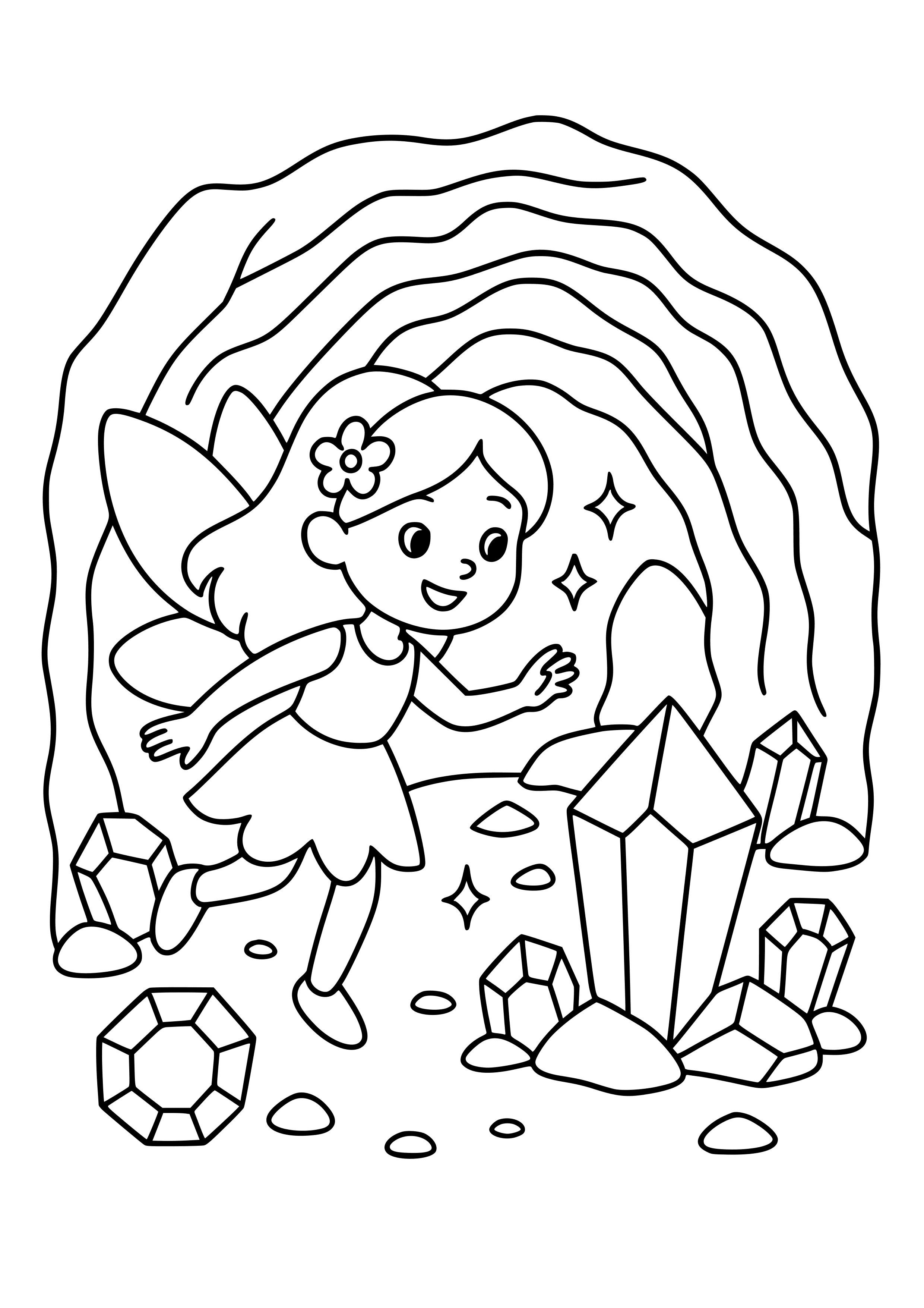 Fairy Exploring a Cave Filled with Sparkling Gems Coloring Page