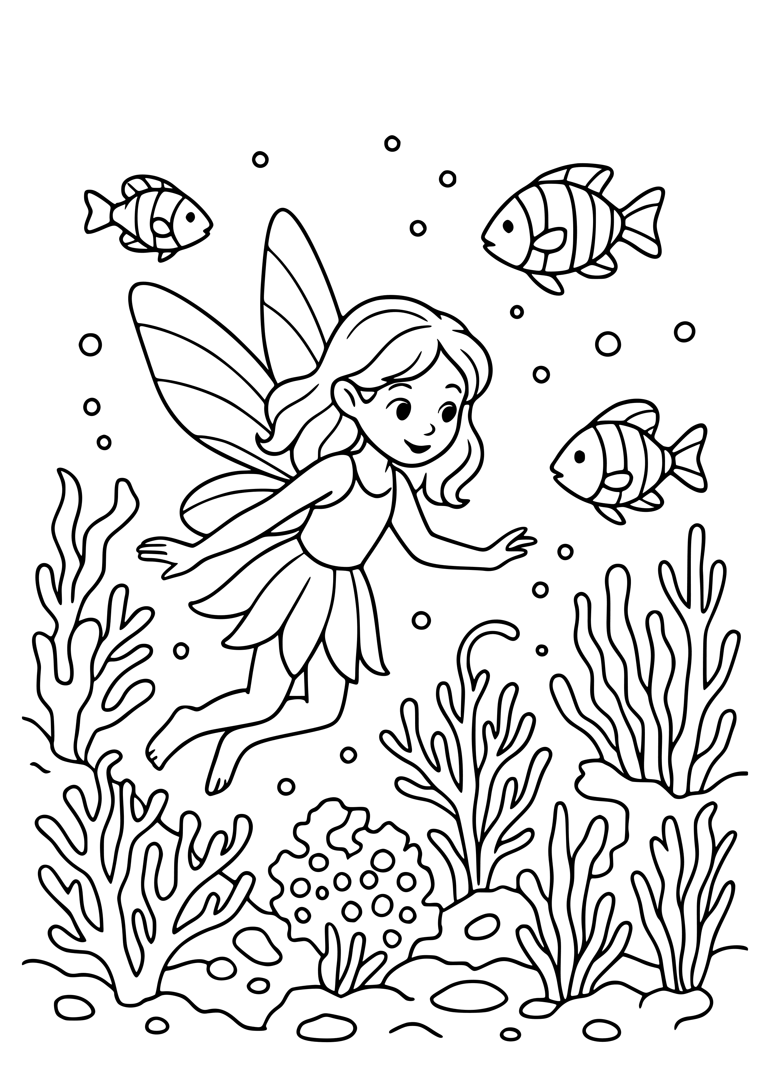 Fairy Exploring a Coral Reef with Colorful Fish Coloring Page