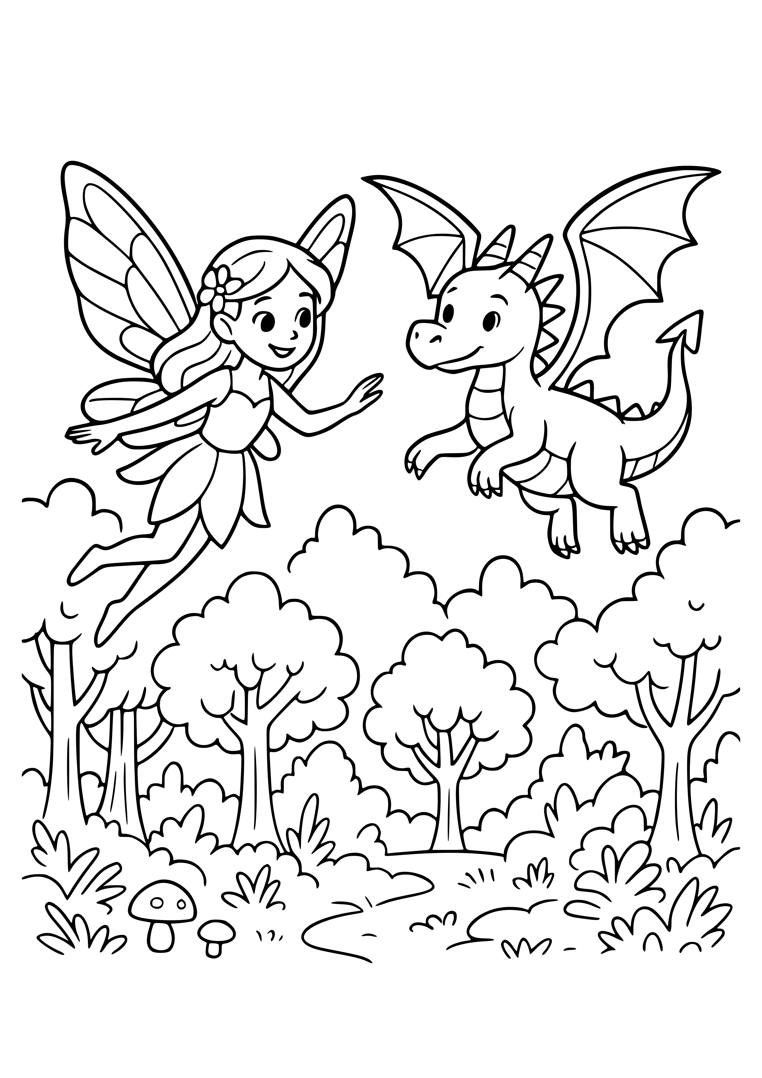 Fairy Flying with a Dragon Over a Magical Forest Coloring Page
