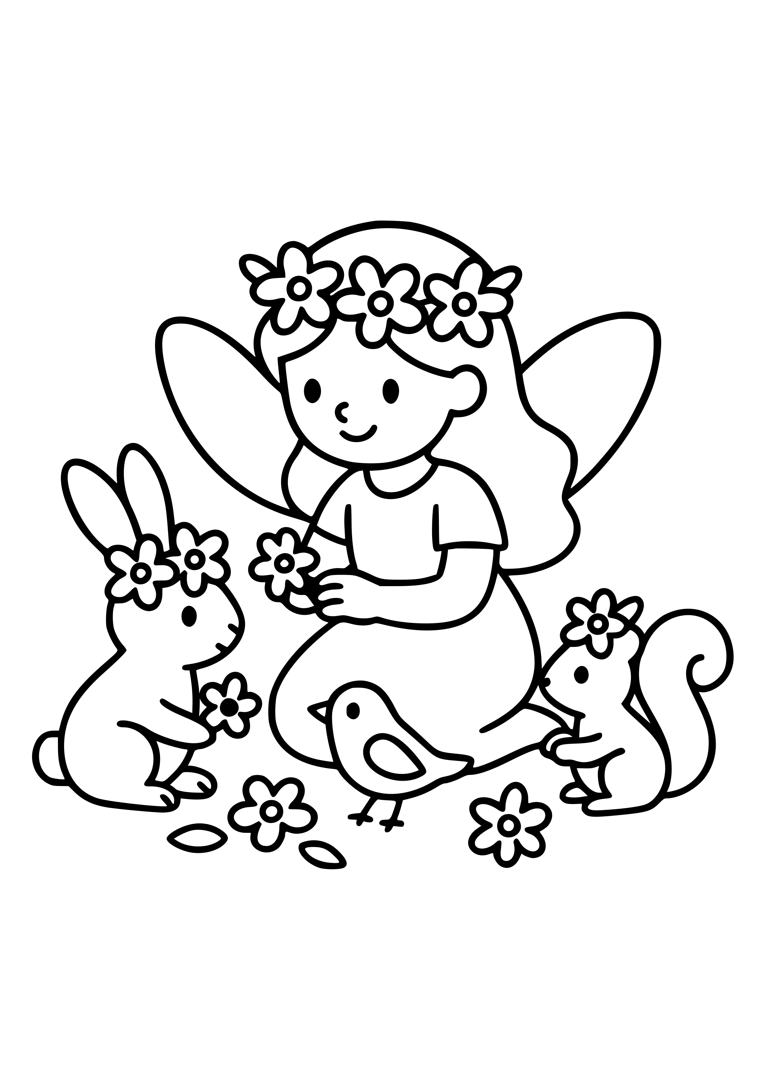 Fairy Making Flower Crowns with Woodland Friends Coloring Page