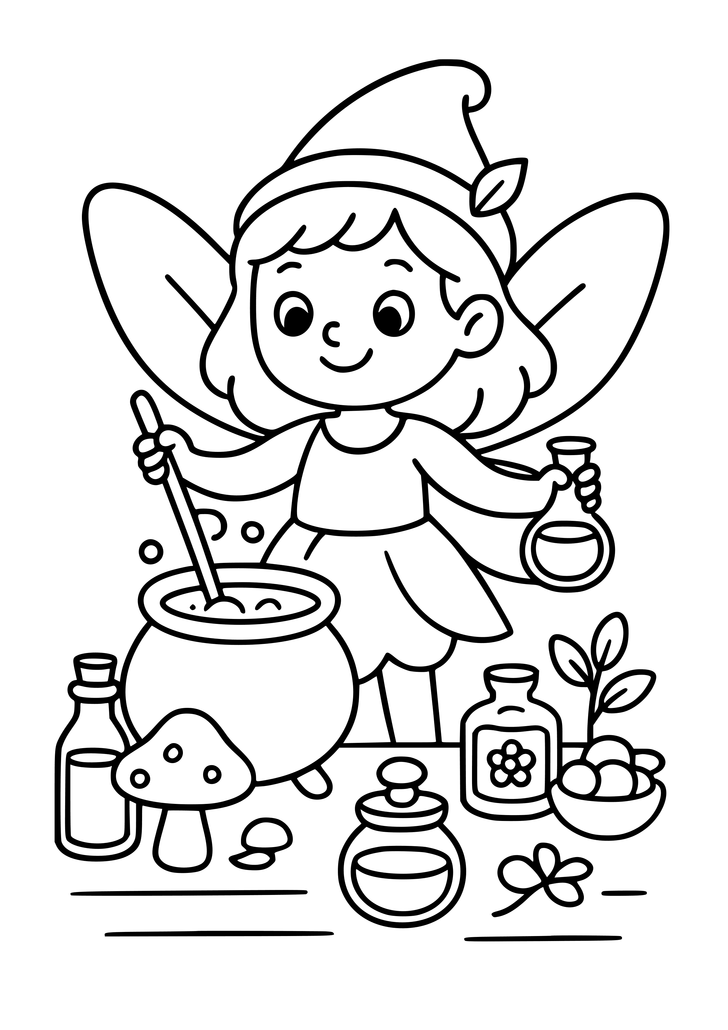 Fairy Making Potions with Colorful Ingredients Coloring Page