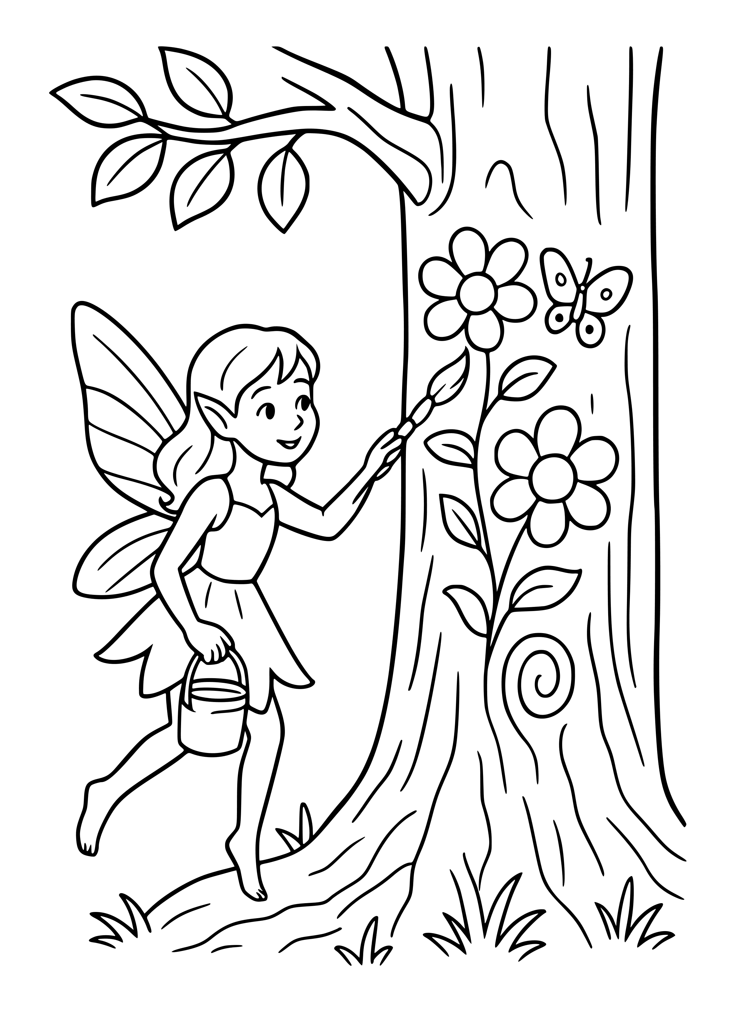 Fairy Painting a Mural on the Side of a Tree Coloring Page