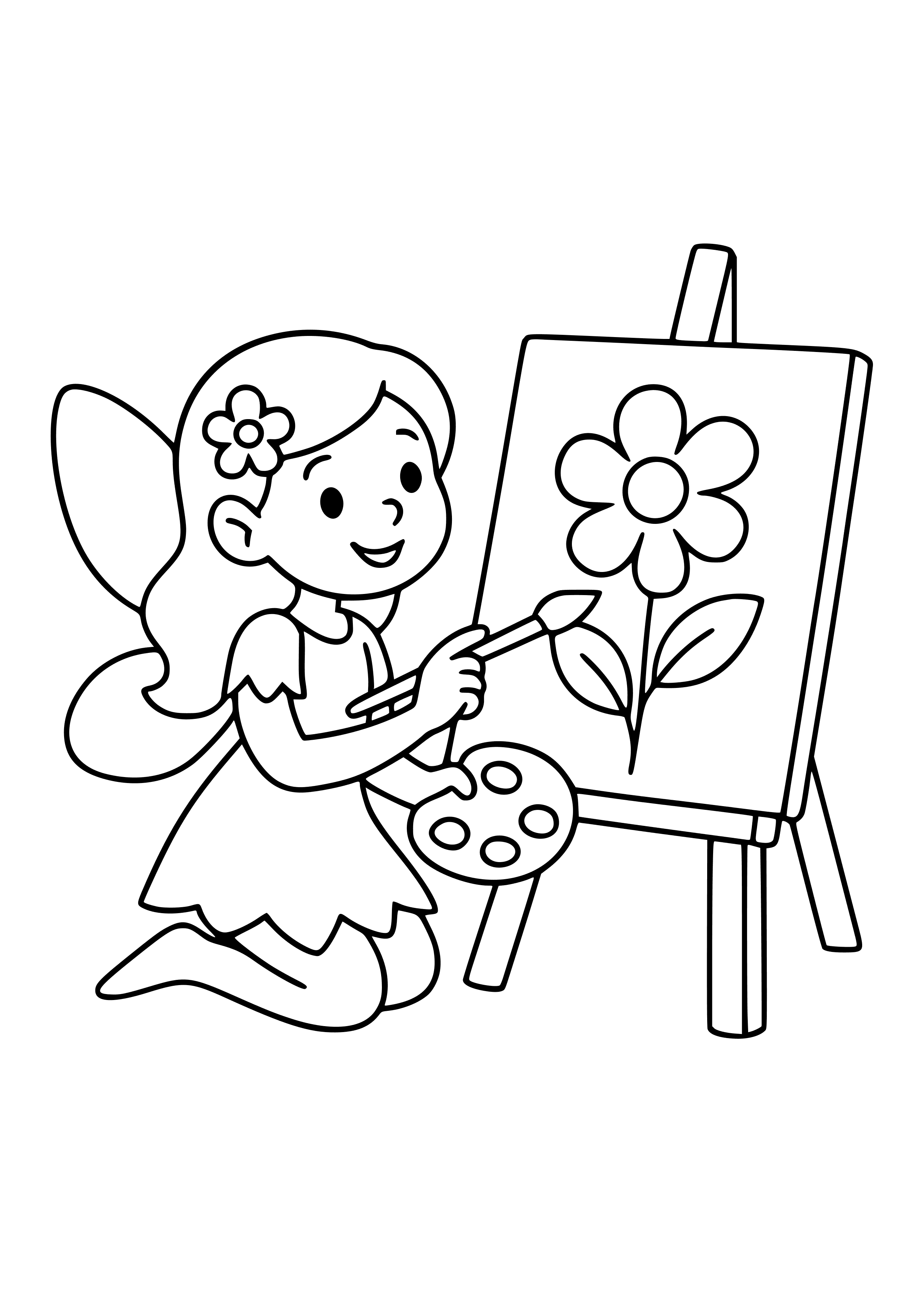 Fairy Painting Flowers on a Canvas Coloring Page